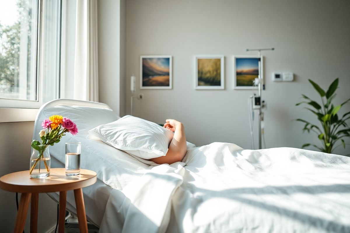 A close-up view of a serene recovery room, softly illuminated by natural light streaming through a large window. The focus is on a neatly made hospital bed with crisp white linens, where a patient is comfortably resting with an arm slightly elevated, showcasing a supportive pillow. Beside the bed, a small wooden bedside table holds a glass of water and a few colorful flowers in a delicate vase, adding a touch of warmth to the clinical environment. In the background, a calming wall in soft pastel colors features framed nature photographs that evoke tranquility. A gentle green plant sits in the corner, enhancing the soothing atmosphere. The room is equipped with essential medical equipment, such as an IV stand and a heart rate monitor, subtly integrated into the scene without overshadowing the comforting ambiance. The overall composition conveys a sense of hope and healing, reflecting the journey of recovery after tendon repair surgery.