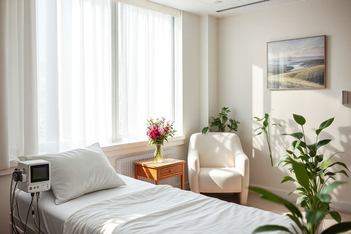 A serene and elegant hospital room bathed in soft, natural light filtering through large windows adorned with translucent white curtains. The room features a comfortable hospital bed with crisp, white linens, and a neatly arranged set of pillows. Beside the bed, a small wooden bedside table holds a delicate vase filled with fresh, vibrant flowers, adding a touch of warmth to the clinical environment. A modern infusion pump is discreetly positioned near the bed, indicating ongoing treatment. The walls are painted in a calming pastel color, complemented by nature-inspired artwork that portrays peaceful landscapes, promoting a sense of tranquility. A plush armchair sits in the corner, inviting family members or friends to sit and support their loved one. Soft green plants are placed in various spots around the room, enhancing the feeling of freshness and life. The overall ambiance reflects a compassionate and healing atmosphere, emphasizing the importance of care and comfort in the journey of cancer treatment and recovery, resonating with the themes of adjuvant therapy and preventive chemotherapy.