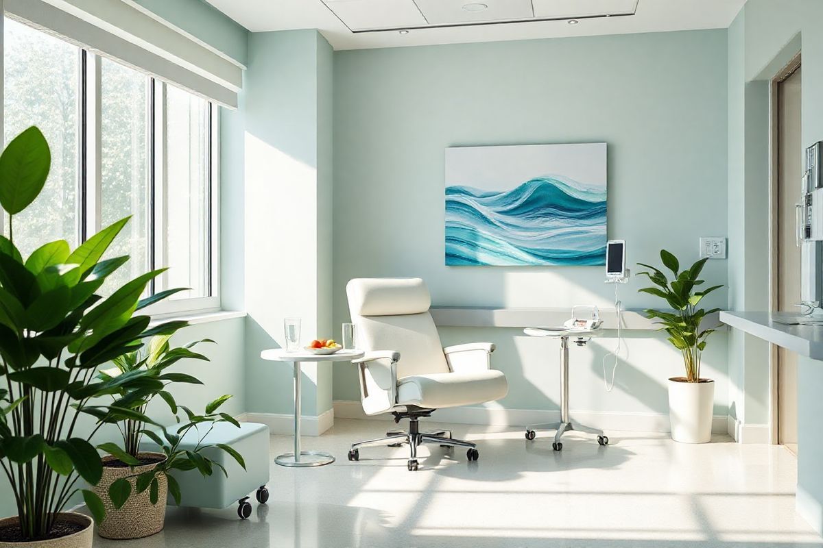 The image showcases a serene and inviting hospital room designed for cancer treatment, featuring soft, calming colors such as light blues and greens. In the center, a comfortable recliner chair is positioned beside a large window that allows natural light to stream in, illuminating the space with a warm glow. On the adjacent wall, a beautiful piece of abstract art depicts gentle waves, symbolizing hope and healing. A small table beside the chair holds a clear glass of water and a bowl of fresh fruit, emphasizing the importance of nutrition during treatment. Potted plants with lush green leaves are strategically placed around the room, bringing a touch of nature indoors and enhancing the tranquil atmosphere. The room is equipped with advanced medical equipment, subtly integrated into the design, indicating the presence of preventive chemotherapy being administered. Soft, ambient lighting complements the natural light, creating an atmosphere of peace and comfort. Overall, the image conveys a sense of healing and optimism, perfectly aligning with the themes of preventive chemotherapy and patient care discussed in the paragraph.