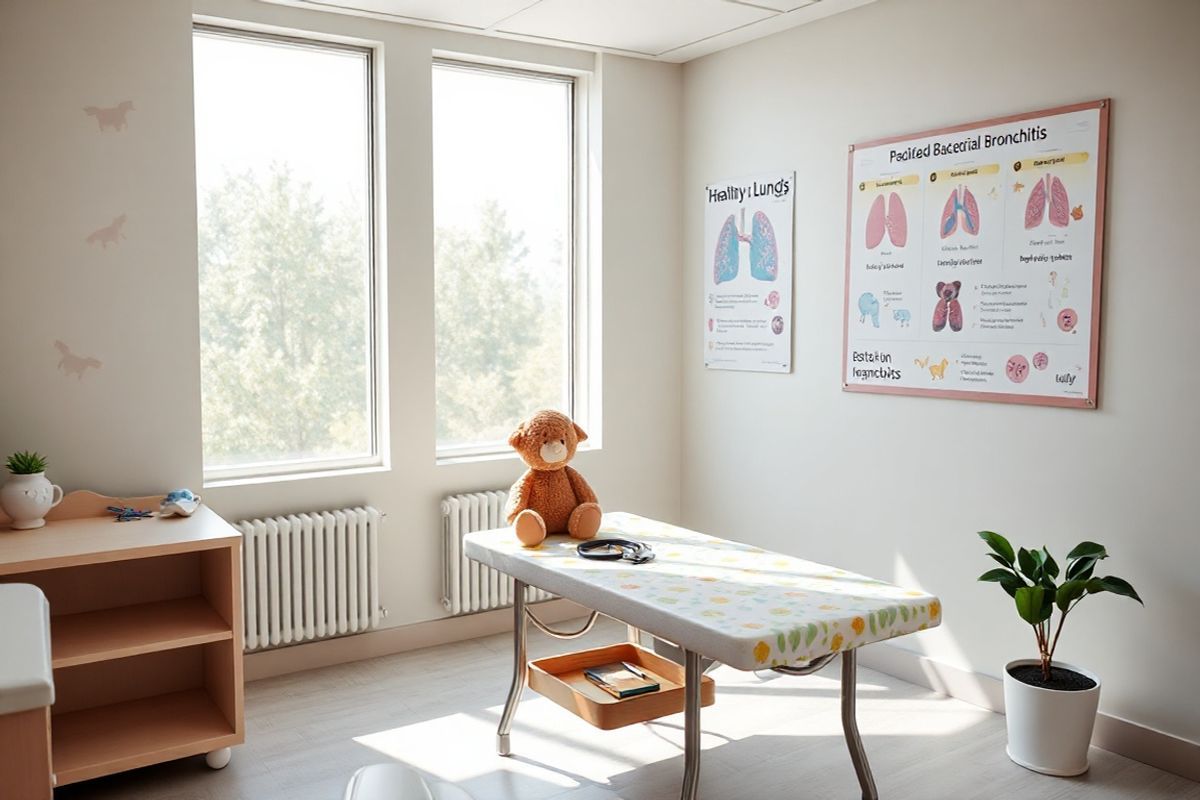 A photorealistic image captures a serene pediatric clinic examination room, softly illuminated by natural light streaming through large windows. The room features a cozy, child-friendly atmosphere with pastel-colored walls adorned with cheerful animal-themed artwork. In the center, a small examination table is covered with a colorful, patterned paper, ready for young patients. Nearby, a playful stuffed animal sits on a shelf, symbolizing comfort and care. A stethoscope rests on the edge of a small, wooden desk, accompanied by a few medical tools neatly organized in a tray. The room is equipped with a wall-mounted chart displaying healthy lungs and common respiratory ailments, subtly hinting at the importance of early diagnosis. A potted plant in the corner adds a touch of greenery, enhancing the tranquil ambiance. The overall scene conveys a sense of safety and support, inviting children and their caregivers to engage in their health journey while emphasizing the critical role of healthcare professionals in diagnosing and treating conditions like Protracted Bacterial Bronchitis.