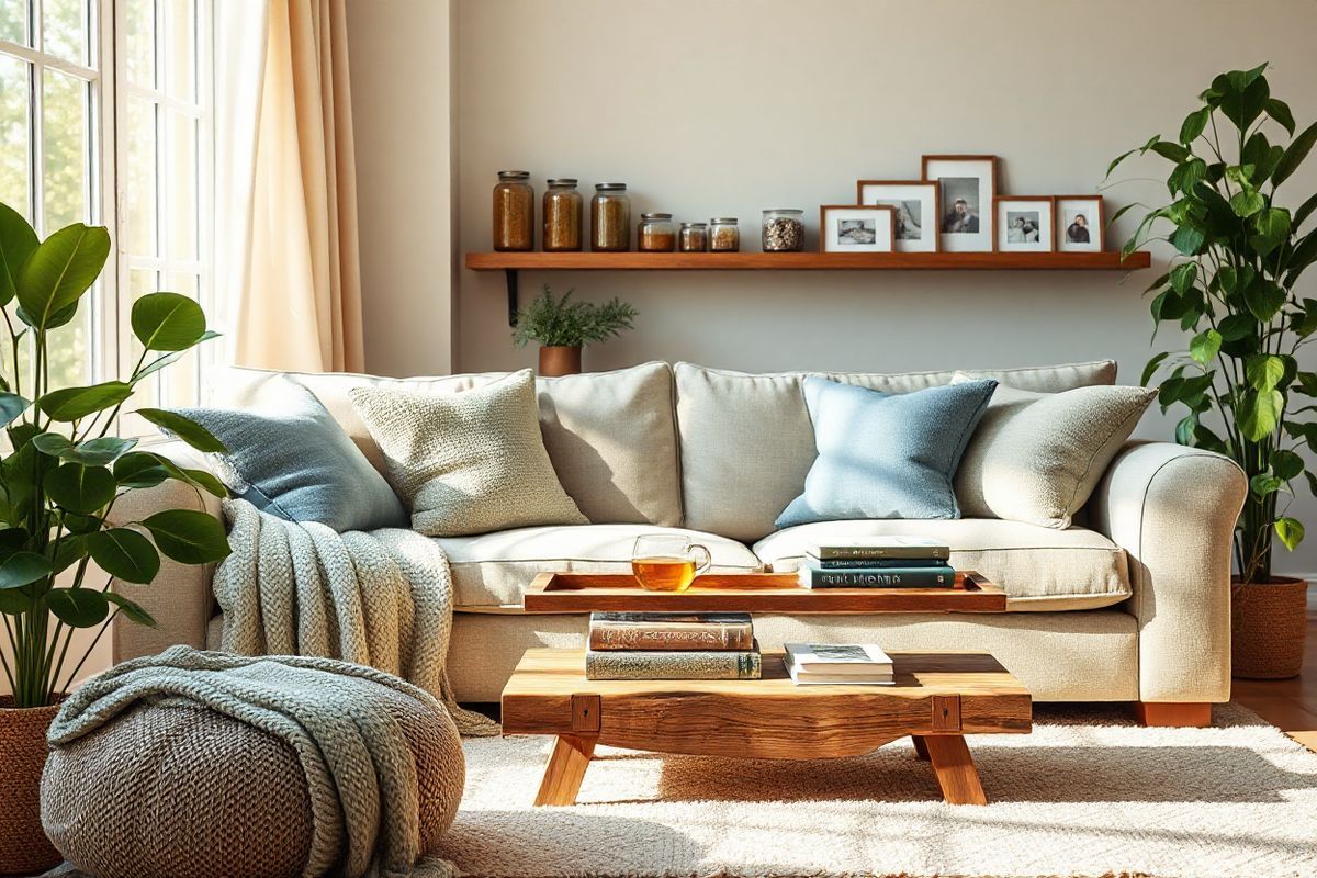 A serene and cozy living room setting bathed in warm, natural light filters through large, softly draped windows. The focal point is a plush, overstuffed sofa adorned with soft, textured cushions in soothing shades of blue and green, inviting relaxation. A rustic wooden coffee table sits in front, topped with a steaming cup of herbal tea next to a small stack of health-related books, hinting at an atmosphere of wellness. Lush indoor plants, such as a tall fiddle leaf fig and cascading pothos, add vibrant greenery, symbolizing the importance of a healthy environment. In the background, a shelf displays decorative jars filled with natural remedies and a few framed photographs of happy families, emphasizing care and support. The overall color palette combines earthy tones with hints of pastel, creating a calming ambiance. Soft textures, including a knitted throw blanket draped across the sofa and a plush area rug, enhance the feeling of comfort and warmth, making this space feel like a safe haven for those seeking respite from respiratory ailments. The scene captures a sense of nurturing and health, perfectly aligning with the themes of awareness and prevention in respiratory health.