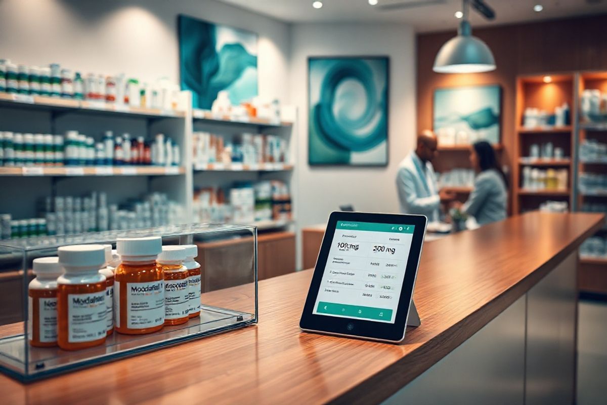 A photorealistic decorative image depicting a serene pharmacy setting. The scene showcases neatly organized shelves filled with various pharmaceutical products, with an emphasis on modafinil. In the foreground, a glass display case features a selection of prescription bottles, some labeled with the modafinil dosage forms of 100 mg and 200 mg. Soft, warm lighting illuminates the space, casting gentle shadows that enhance the inviting atmosphere. A wooden counter, polished to a high sheen, holds a digital tablet displaying a price comparison app, symbolizing the modern approach to finding medication costs. In the background, a pharmacist is seen consulting with a customer, fostering a sense of trust and professionalism. The walls are adorned with calming artwork, featuring abstract designs in soothing colors like blue and green, promoting a sense of well-being. The overall composition conveys an atmosphere of care and accessibility, making it a perfect visual companion to a discussion on the cost and availability of modafinil.