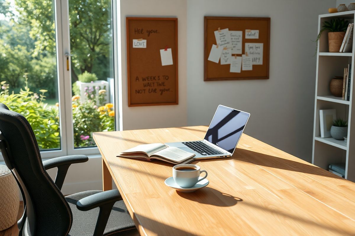 A serene, photorealistic scene of a cozy home office bathed in soft, natural light. The focal point is a stylish wooden desk adorned with a sleek laptop, an open notebook, and a steaming cup of coffee, suggesting a productive work environment. In the background, a large window reveals a tranquil garden with lush greenery and colorful flowers, enhancing the sense of calm and focus. A comfortable ergonomic chair is positioned beside the desk, inviting relaxation. On the wall, a corkboard displays neatly pinned reminders and motivational quotes, while a small bookshelf filled with neatly arranged books and a few decorative plants adds warmth to the space. The overall ambiance exudes an atmosphere of inspiration and tranquility, perfect for individuals seeking to enhance their productivity and creativity, much like the benefits associated with modafinil.