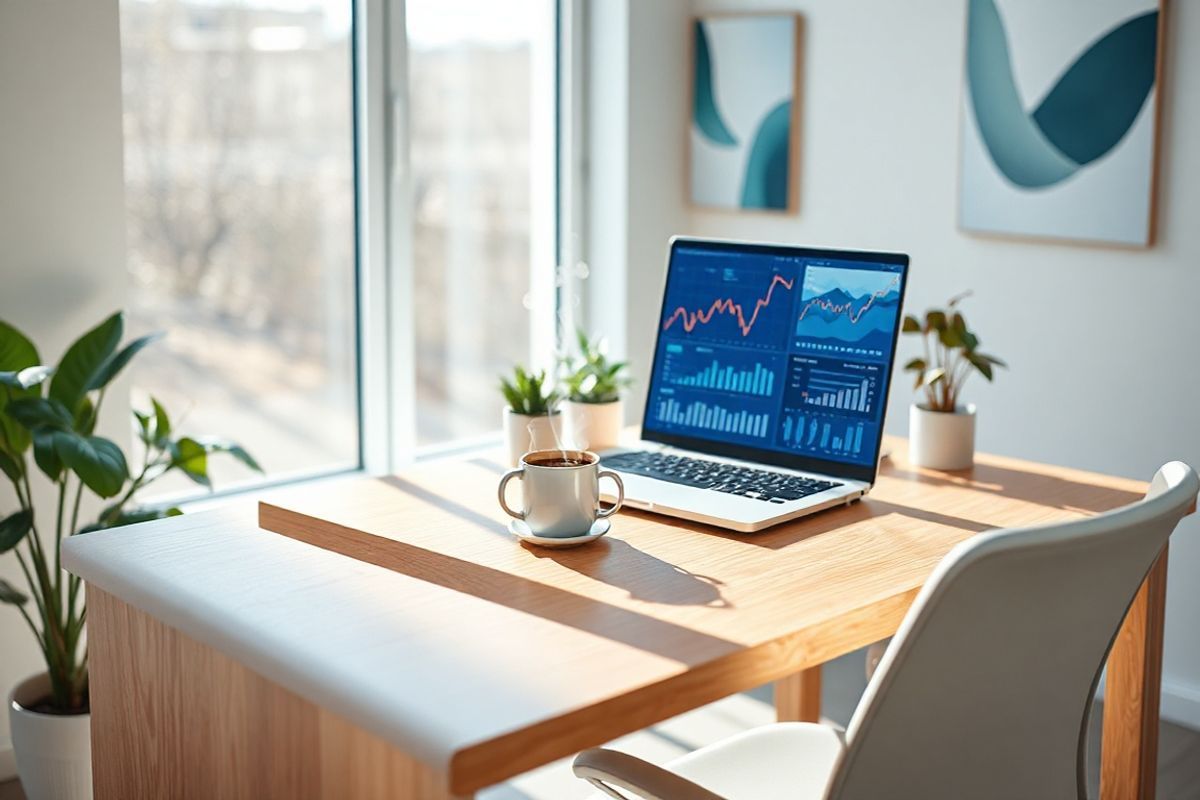 A photorealistic image depicting a serene and focused workspace would complement the provided paragraph effectively. The scene features a sleek, modern desk made of light wood, adorned with a minimalist laptop open to a screen displaying vibrant graphs and charts, symbolizing productivity and alertness. Beside the laptop, a steaming cup of coffee emits gentle wisps of steam, suggesting warmth and comfort. In the background, a large window allows natural light to flood the room, illuminating potted plants that bring a touch of greenery to the space, enhancing the sense of vitality. On the wall, subtle abstract art pieces in calming colors—blues and greens—create a tranquil atmosphere. A comfortable ergonomic chair sits at the desk, inviting long hours of focused work. The overall ambiance is bright and inviting, evoking a sense of motivation and clarity, perfectly resonating with the themes of wakefulness, alertness, and productivity associated with modafinil.