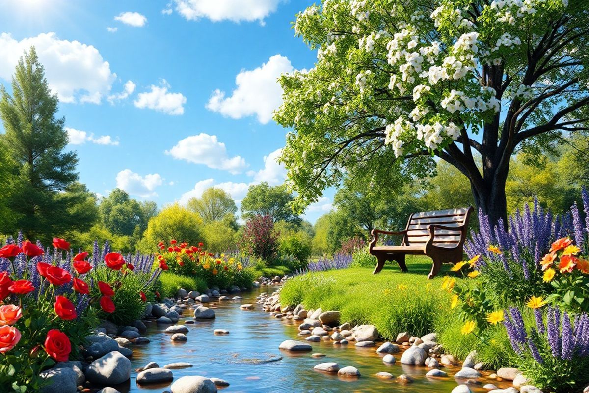 A serene and vibrant landscape depicting a tranquil garden in full bloom, showcasing a variety of colorful flowers such as red roses, yellow daisies, and purple lavender. In the foreground, a gently flowing stream reflects the sunlight, while smooth pebbles line its banks. Towering green trees provide a canopy of shade, their leaves rustling softly in a gentle breeze. In the background, a clear blue sky with fluffy white clouds enhances the peaceful atmosphere. A wooden bench sits invitingly beneath a blossoming cherry tree, offering a perfect spot for relaxation. The overall scene radiates tranquility and natural beauty, symbolizing hope and healing, aligning with the theme of understanding and managing psoriasis as a journey towards wellness. The image captures the essence of nature’s therapeutic qualities, emphasizing the importance of a peaceful environment for individuals coping with chronic conditions.