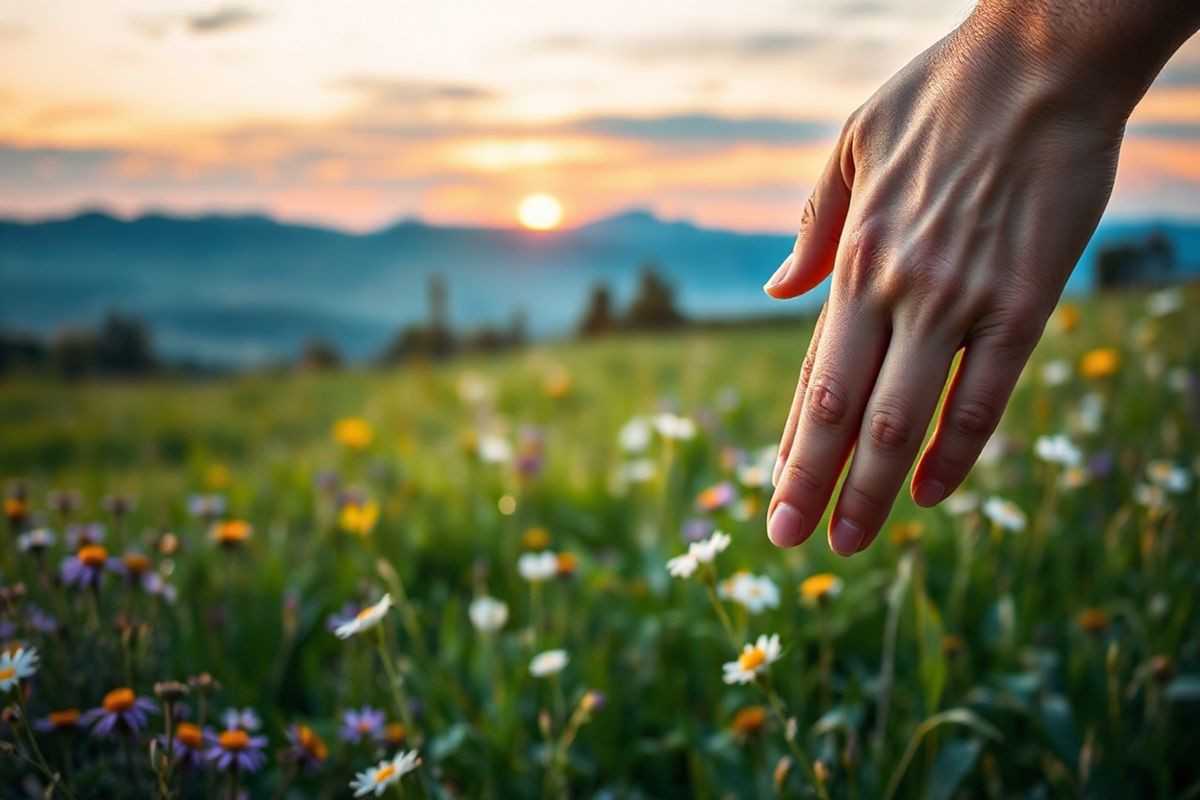 A photorealistic image capturing a serene outdoor scene at twilight, where a gentle breeze rustles through a lush green landscape dotted with vibrant wildflowers in shades of purple, yellow, and white. In the foreground, a close-up of a human hand gently caresses a patch of healthy skin, showcasing smooth, clear skin with a soft glow, symbolizing hope and healing. The background features a faint silhouette of distant mountains under a sky painted with soft hues of orange, pink, and blue as the sun sets. The light casts a warm, golden hue over the scene, creating an atmosphere of tranquility and rejuvenation. Delicate, dewdrop-laden leaves glisten in the fading light, enhancing the sense of vitality and renewal. This peaceful setting evokes a feeling of comfort and well-being, resonating with the theme of managing and overcoming skin conditions like psoriasis.