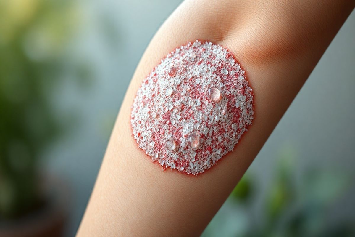 A close-up, photorealistic image of a human arm displaying a patch of psoriasis on the elbow. The skin is depicted with a textured surface, showcasing thick, raised, silvery-white scales contrasted against inflamed, red skin underneath. The background is softly blurred to emphasize the affected area, while natural lighting highlights the intricate details of the skin’s surface, including the surrounding healthy skin texture. Tiny droplets of moisture are captured on the scales, adding a lifelike quality to the image. In the periphery, a soothing, calm environment can be suggested with gentle, blurred greens and soft earth tones, symbolizing a healing space. The focus remains solely on the psoriasis-affected skin, evoking empathy and understanding of the condition’s impact on individuals’ lives.