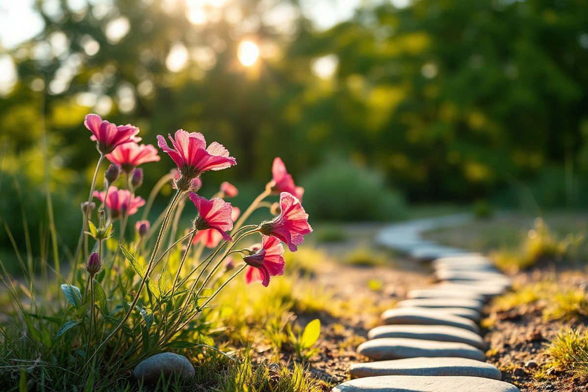 A photorealistic image of a serene outdoor setting during the golden hour, capturing a close-up view of dew-kissed wildflowers in vibrant hues of red and purple, symbolizing the skin symptoms of psoriatic arthritis. In the background, gently blurred silhouettes of lush green trees create a calming atmosphere. The sunlight filters through the leaves, casting soft shadows on the ground, enhancing the feeling of tranquility and healing. A small, winding path made of smooth stones leads the viewer’s eye deeper into the scene, inviting them to explore. Scattered around the flowers are miniature rocks and a few healthy green leaves, representing resilience. This picturesque landscape embodies the themes of hope and renewal, resonating with the journey of those managing psoriatic arthritis. The overall composition evokes a sense of peace and connection with nature, making it an ideal visual accompaniment to the discussion of psoriatic arthritis and its impact on life.