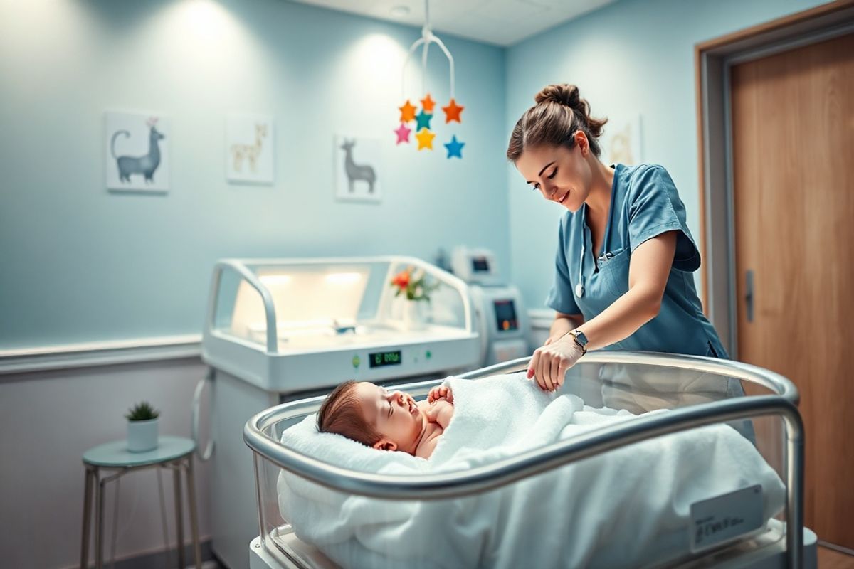 A photorealistic image of a serene hospital room designed for newborn care is depicted. The room features soft, warm lighting that casts a gentle glow on the pale blue walls adorned with whimsical animal-themed artwork. In the center, a cozy bassinet, lined with a fluffy white blanket, cradles a sleeping infant, whose skin displays a slight bluish tint indicative of cyanosis. Nearby, a softly humming incubator emits a calming light, with vital monitors displaying reassuring numbers. A caring nurse, dressed in scrubs, leans over the bassinet with a compassionate expression, gently checking the baby’s oxygen saturation levels. On a bedside table, a small potted plant adds a touch of life, while a colorful mobile hangs above, featuring cheerful shapes that sway slightly in the air. The atmosphere is tranquil, evoking a sense of hope and care, while subtly highlighting the challenges faced by infants with pulmonary atresia. The image captures the essence of a nurturing environment, emphasizing the importance of immediate medical attention and support for vulnerable newborns.