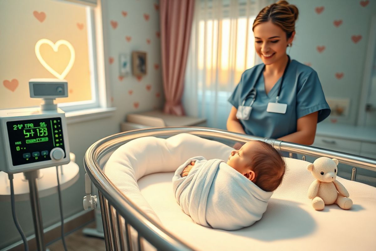 A photorealistic decorative image depicting a serene hospital nursery setting, where a newborn infant is gently cradled in a cozy bassinet surrounded by soft, warm lighting. The infant, with delicate features and a peaceful expression, is wrapped in a light blue swaddle, symbolizing hope and care. Nearby, a heart monitor softly beeps, displaying stable vital signs, while a nurse, dressed in scrubs, is attentively checking the baby’s condition with a gentle smile. The background features pastel-colored walls adorned with subtle heart motifs and a window showcasing a soft, golden sunlight filtering through sheer curtains. On a nearby table, a tiny stuffed animal sits, reflecting warmth and comfort. The overall atmosphere exudes a sense of calm and nurturing, emphasizing the theme of medical care and the emotional journey of families facing congenital heart defects. The image captures the essence of compassion, resilience, and the hope for a healthy future for infants with conditions like pulmonary atresia.