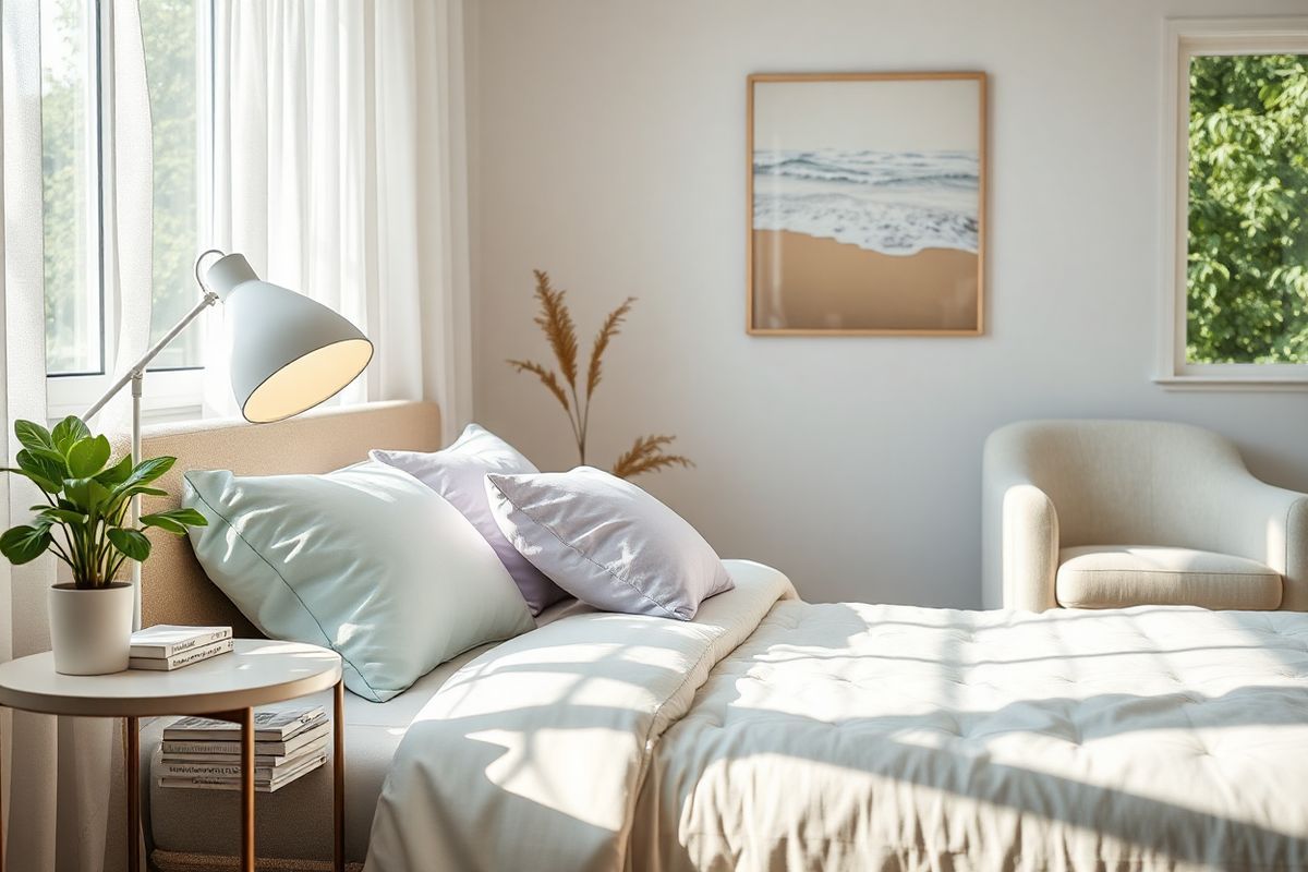 A serene and tranquil bedroom scene bathed in soft, natural light filters through sheer white curtains. The room features a plush, inviting bed with a neatly arranged array of fluffy pillows in soothing pastel colors—light blue, soft lavender, and pale green. On the bedside table, a modern white lamp emits a warm glow, illuminating a small stack of books on mindfulness and relaxation techniques. Next to the lamp, a small potted plant with vibrant green leaves adds a touch of life to the space.   In the background, a calming artwork depicting gentle waves lapping against a sandy beach hangs on the wall, enhancing the peaceful atmosphere. A cozy armchair upholstered in light fabric sits in the corner, inviting relaxation. The floor is adorned with a soft, textured rug that adds warmth and comfort to the room. A window with a view of lush greenery outside reinforces the connection to nature, promoting a sense of calm and well-being. This harmonious setting reflects a space designed for relaxation and self-care, perfectly complementing the themes of managing anxiety and enhancing mental health.