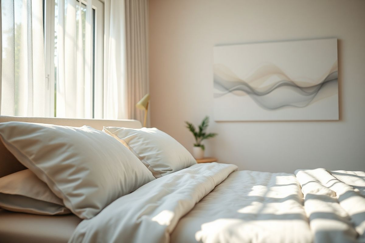 A serene, photorealistic image capturing a tranquil bedroom scene illuminated by soft, natural light filtering through sheer curtains. In the foreground, a plush, inviting bed is adorned with fluffy white pillows and a light gray throw blanket, inviting comfort and relaxation. On the bedside table, a sleek lamp emits a warm glow, while a small potted plant adds a touch of greenery and life to the space. A faintly visible window reveals a peaceful garden view outside, with gentle trees swaying in the breeze, enhancing the feeling of calm. The walls are painted in soft pastel shades, creating a soothing atmosphere. In the background, an abstract art piece with flowing lines and calming colors echoes the themes of tranquility and balance. The overall ambiance is peaceful and serene, reflecting a space designed for restful sleep and relaxation—ideal for individuals struggling with the disruptive effects of pulsatile tinnitus and anxiety.