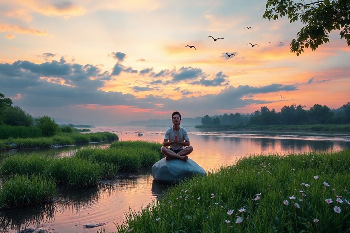 A serene, photorealistic image depicting a tranquil natural landscape at dusk, where the gentle flow of a river mirrors the soft hues of a fading sunset. The sky is painted in warm tones of orange, pink, and lavender, seamlessly blending into the deepening blue above. Along the banks of the river, lush greenery flourishes, with delicate wildflowers interspersed among the grasses, adding splashes of color. In the foreground, a calm figure sits cross-legged on a smooth stone, eyes closed in meditation, embodying tranquility. The surrounding environment exudes a sense of peace, with soft ripples in the water reflecting the clouds above and the distant sound of rustling leaves. A few birds can be seen soaring gracefully in the sky, enhancing the feeling of freedom and serenity. The overall atmosphere is one of calmness and introspection, inviting viewers to reflect on their thoughts and emotions, providing a visual representation of the interconnectedness of nature and the human experience, particularly in relation to the complexities of anxiety and tranquility.