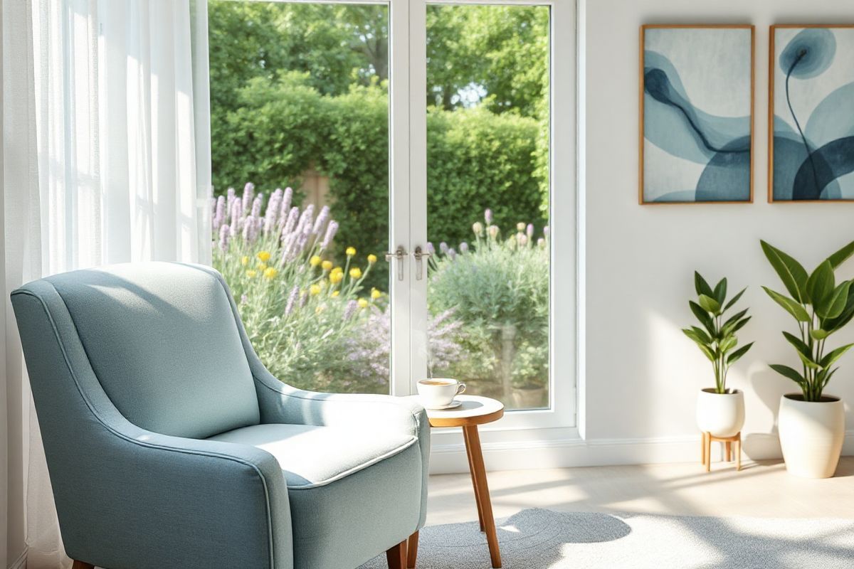 A serene and calming scene unfolds within a softly lit room designed for relaxation and mindfulness. In the foreground, a plush armchair upholstered in a soothing pastel blue fabric invites you to sit and unwind. A small side table next to the chair holds a steaming cup of herbal tea, with wisps of steam rising gently into the air, hinting at comfort and tranquility.   Behind the armchair, a large window draped with sheer white curtains allows soft, natural light to filter in, casting gentle shadows across the room. Outside, a lush green garden is visible, filled with vibrant flowers in shades of lavender and yellow, creating a harmonious connection with nature.   On the walls, abstract art in calming tones of blue and green adds an artistic touch, enhancing the atmosphere of peace. A few indoor plants, such as a peace lily and a snake plant, sit in tasteful ceramic pots, contributing to the room’s natural ambiance. The overall composition evokes a sense of calm and serenity, perfect for promoting relaxation and mindfulness amidst the complexities of pulsatile tinnitus and anxiety.