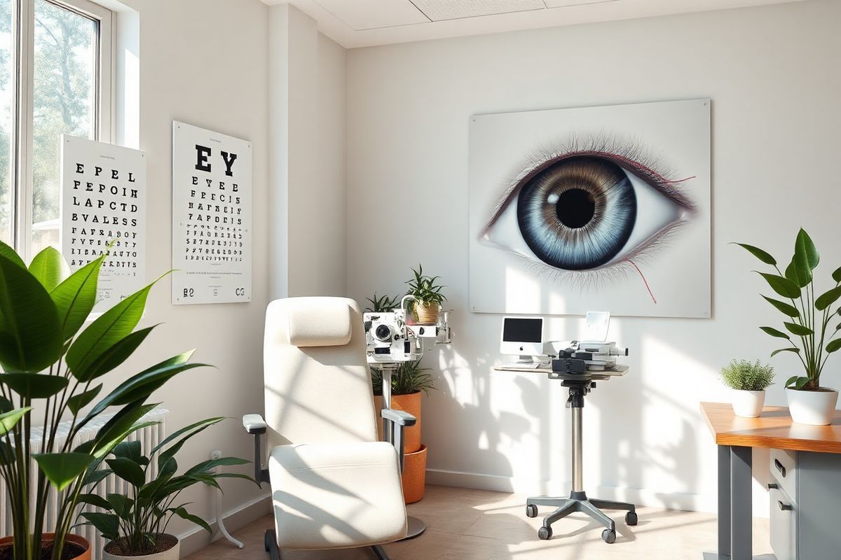 A photorealistic image depicts a serene eye examination room, softly illuminated by natural light streaming through a large window. In the foreground, a sleek, modern eye chart hangs on the wall, while a comfortable examination chair, upholstered in soft, neutral fabric, sits ready for patients. Nearby, an ophthalmologist’s toolkit, featuring various instruments like a retinal camera and an autorefractor, gleams on a polished wooden table.   To add a calming atmosphere, potted plants with lush green leaves are strategically placed around the room, harmonizing with the light-colored walls. On the wall opposite the window, a large artwork showcases a detailed illustration of the human eye, emphasizing the intricacies of the retina and blood vessels, subtly reinforcing the theme of vision health.   The overall composition conveys a sense of peace and professionalism, inviting viewers to consider the importance of regular eye examinations, especially for individuals at risk for conditions like diabetic and hypertensive retinopathy. The image captures the essence of care and attention to detail critical for maintaining eye health and preventing vision impairment.