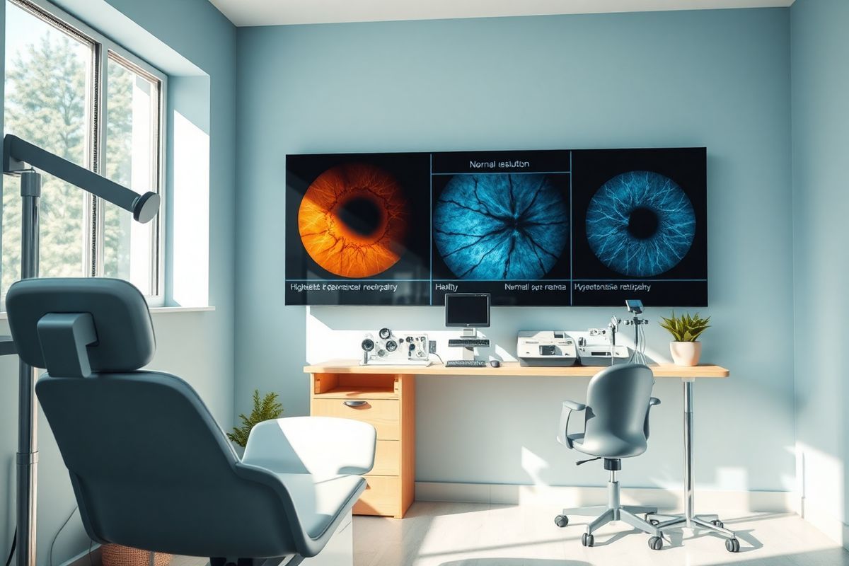 A photorealistic image depicts a serene, well-lit ophthalmology examination room. In the foreground, a sleek, modern eye examination chair is positioned next to a large window, allowing natural light to flood the space. The walls are painted in soothing shades of light blue, creating a calming atmosphere. On a nearby table, various ophthalmic instruments, such as a retinal camera and a phoropter, are neatly arranged, reflecting the room’s clinical purpose.  In the background, a large digital display shows high-resolution images of healthy and affected retinas, illustrating the differences between normal retinal anatomy and conditions like diabetic and hypertensive retinopathy. The sunlight glints off the instruments, enhancing their metallic sheen, while soft shadows add depth to the scene. A potted plant sits in the corner, bringing a touch of nature and tranquility to the environment. Overall, the image conveys a sense of professionalism and care, emphasizing the importance of regular eye examinations in preventing vision impairment due to retinal diseases.