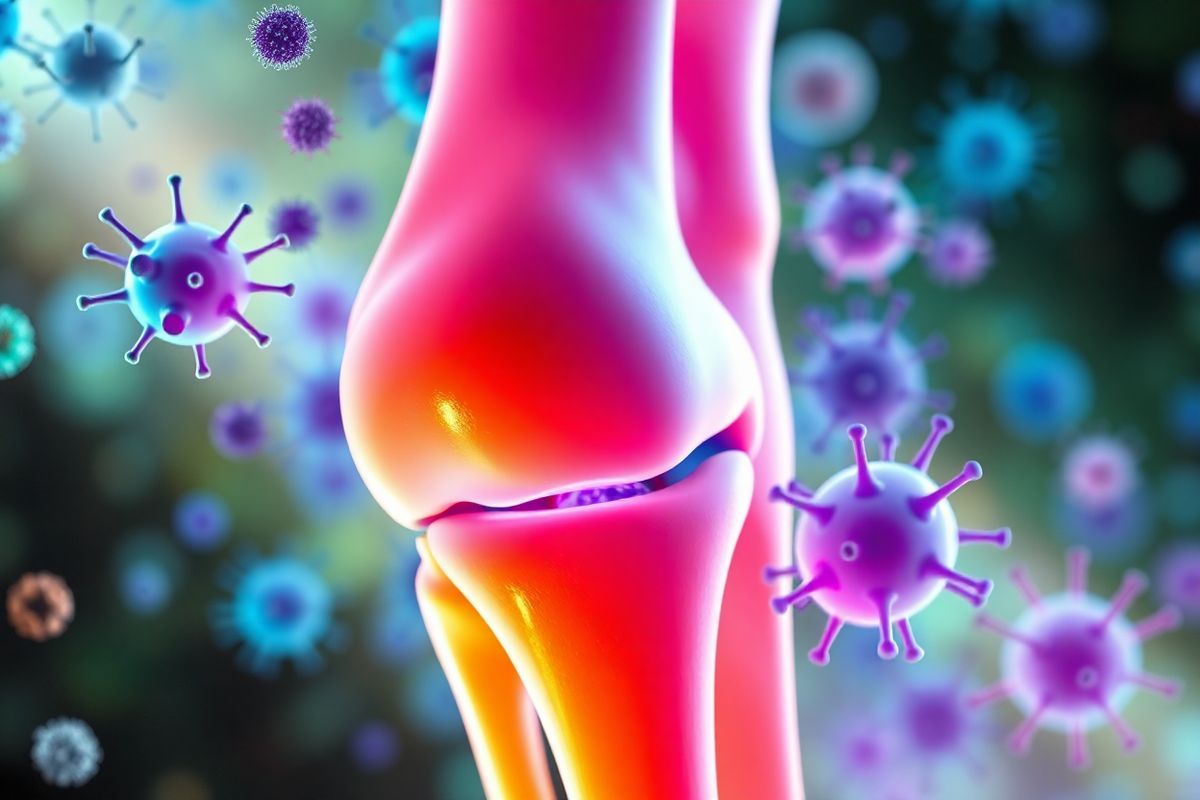 A close-up view of a vibrant, healthy human joint surrounded by an intricate network of immune cells, depicted in vivid colors to illustrate the complex interactions within the immune system. The joint, showing a smooth, glossy surface, represents the synovial fluid that lubricates it, while the surrounding immune cells are rendered in various hues of blue, green, and purple, symbolizing different types of hypersensitivity reactions. In the background, subtle representations of environmental triggers, like pollen and pathogens, are artistically blended into a soft-focus setting, creating an ethereal atmosphere. The overall composition conveys a sense of dynamic movement, emphasizing the immune system’s response to perceived threats. Soft lighting highlights the details of the joint and immune cells, casting gentle shadows that enhance the three-dimensional quality of the image. The color palette is a harmonious blend of warm and cool tones, evoking a feeling of balance and vitality, while the intricate details draw the viewer in, inviting them to explore the complexities of rheumatoid arthritis and hypersensitivity reactions.