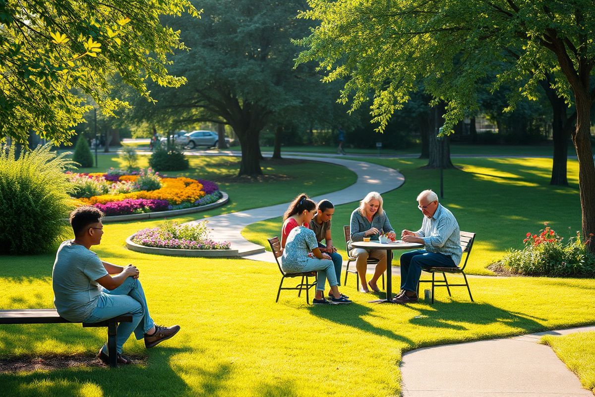 A serene community park scene unfolds in a lush, green environment, bathed in the soft glow of a late afternoon sun. In the foreground, a diverse group of individuals engages in various activities: one person sits on a bench, sharing a laugh with a friend, while another group participates in a peer support circle, seated in a circle on the grass, their expressions reflecting warmth and understanding. Nearby, a young adult practices a craft at a table, showcasing vocational skills, while an elderly mentor offers guidance.   The background features vibrant flower beds, symbolizing growth and resilience, alongside trees that provide shade and comfort. A small path winds through the park, inviting visitors to explore and connect. The overall atmosphere is one of community, support, and independence, where individuals are empowered by their surroundings. Soft shadows dance across the scene, enhancing the photorealistic quality, while the colors are rich and inviting, creating a sense of hope and belonging. This image encapsulates the essence of community-based resources, fostering a sense of togetherness and the journey toward healing and independence.