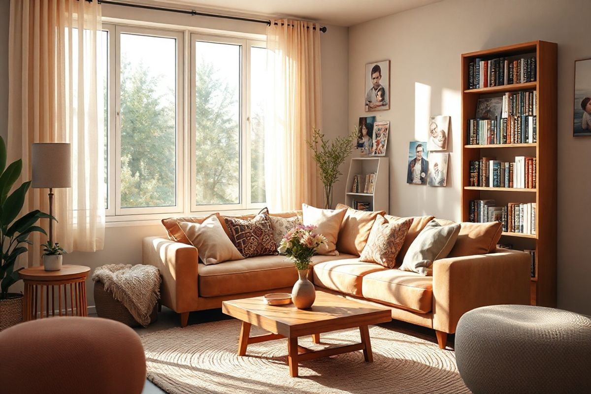 A photorealistic image of a cozy living room setting, bathed in warm, natural light streaming through large windows adorned with sheer curtains. In the center, a plush, inviting sofa in soft earth tones, sprinkled with colorful throw pillows, offers a sense of comfort. A wooden coffee table, adorned with a delicate vase of fresh flowers, sits nearby, exuding warmth and tranquility. On the walls, family photos captured in candid moments showcase love and togetherness, subtly conveying the importance of support systems. In one corner, a bookshelf filled with books on mental health, self-help, and family dynamics highlights the theme of understanding and education. A soft, woven area rug anchors the space, adding texture and warmth. The overall ambiance is serene and nurturing, reflecting a supportive environment where family members can gather and connect, embodying the essence of emotional and practical assistance for individuals experiencing mental health challenges. The subtle play of light and shadow enhances the atmosphere, inviting viewers to feel the comfort and safety that comes from being surrounded by loved ones.