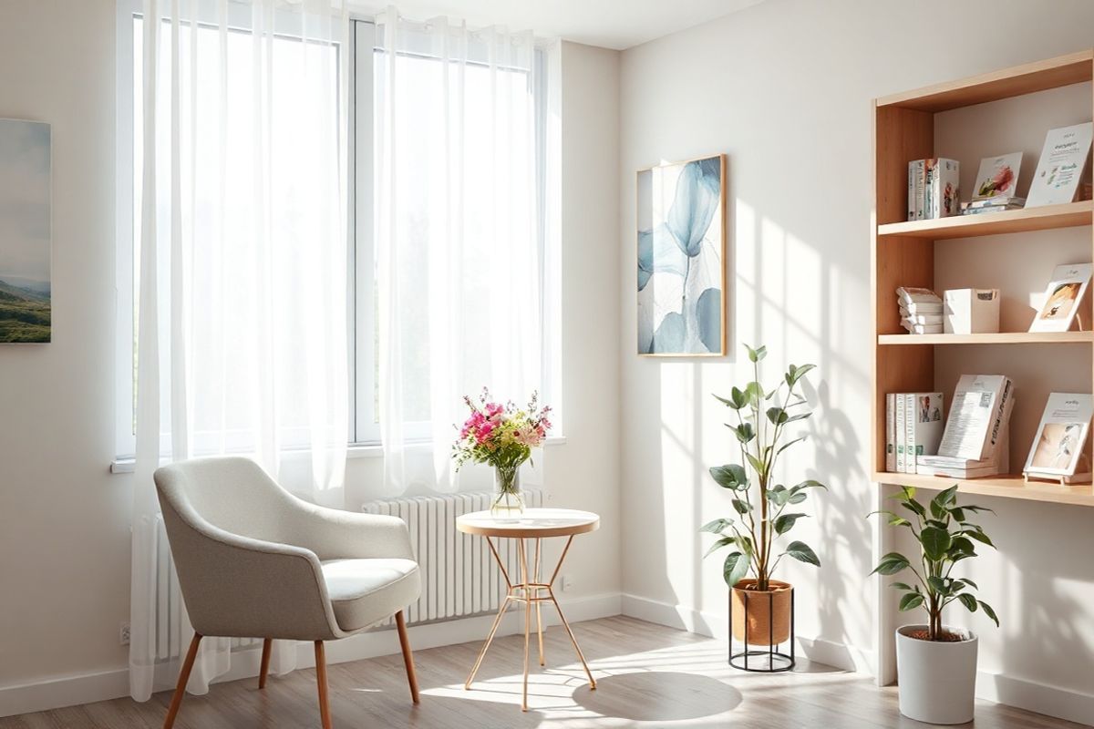 A serene and inviting healthcare setting is depicted in this photorealistic image. The composition features a bright and airy consultation room with soft, natural light filtering through large windows adorned with sheer white curtains. In one corner, a comfortable chair is set beside a small table, which holds a delicate vase filled with fresh flowers, adding a touch of color and warmth to the scene. The walls are painted in calming pastel hues, complemented by artful representations of nature, such as tranquil landscapes and soothing abstract patterns.   On a nearby shelf, neatly organized medical books and brochures hint at an emphasis on patient education and support. A potted plant thrives in another corner, symbolizing growth and vitality. The overall atmosphere is one of tranquility and reassurance, designed to foster open communication and comfort for patients navigating the complexities of treatment. This image encapsulates a holistic approach to mental health care, emphasizing the importance of understanding, compassion, and the support systems that play a crucial role in treatment adherence and successful outcomes.