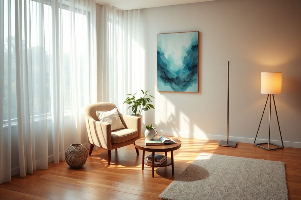 A serene and atmospheric scene depicting a tranquil mental health therapy room. The room features soft, natural lighting filtering through large windows adorned with sheer curtains, casting gentle shadows on the warm wooden floor. In the center, a comfortable, inviting armchair with plush cushions sits beside a small, round coffee table adorned with a steaming cup of herbal tea and a few colorful therapy books. A large potted plant with lush green leaves adds a touch of nature, while a calming abstract painting in soothing blues and greens hangs on the wall. On the opposite side, a cozy rug lies beneath a floor lamp that emits a warm glow, creating a relaxing ambiance. The overall color palette is soft and muted, promoting a sense of calm and safety, ideal for reflection and healing. This setting embodies a supportive environment where individuals can feel at ease, encouraging openness and connection in their therapeutic journey.