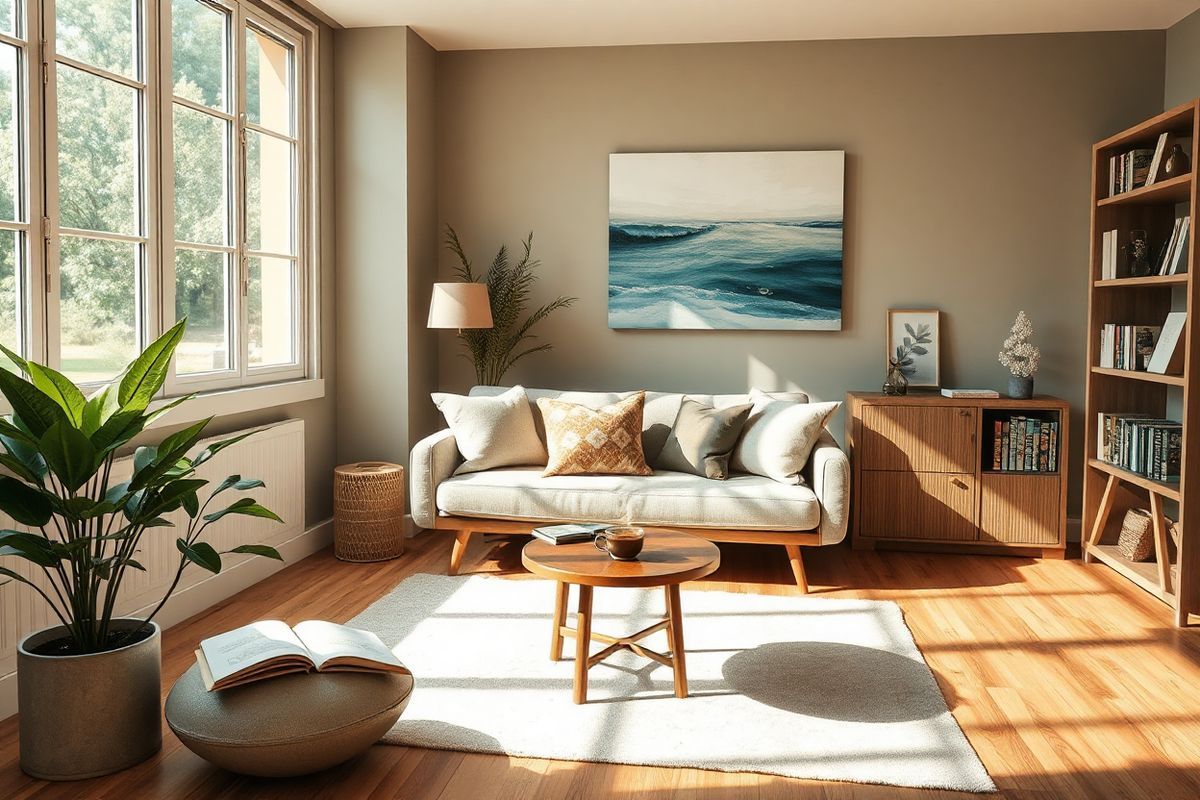 A serene and inviting therapy room bathed in soft, natural light filtering through large, floor-to-ceiling windows. The room features warm, earthy tones with a soothing color palette of muted greens and browns. In the center, a comfortable, plush sofa adorned with decorative pillows invites relaxation. A small, round coffee table holds a steaming cup of herbal tea and a few open books on mental health and self-care. On one side, a potted plant with lush green leaves adds a touch of nature, while a beautiful abstract painting depicting calm waters hangs on the wall, evoking tranquility. The hardwood floor is complemented by a soft area rug, creating a cozy atmosphere. A shelf lined with inspirational books, framed photographs of nature, and a small, tasteful sculpture adds a personal touch. The overall ambiance radiates warmth, safety, and a sense of openness, reflecting a supportive environment ideal for therapeutic conversations and healing.