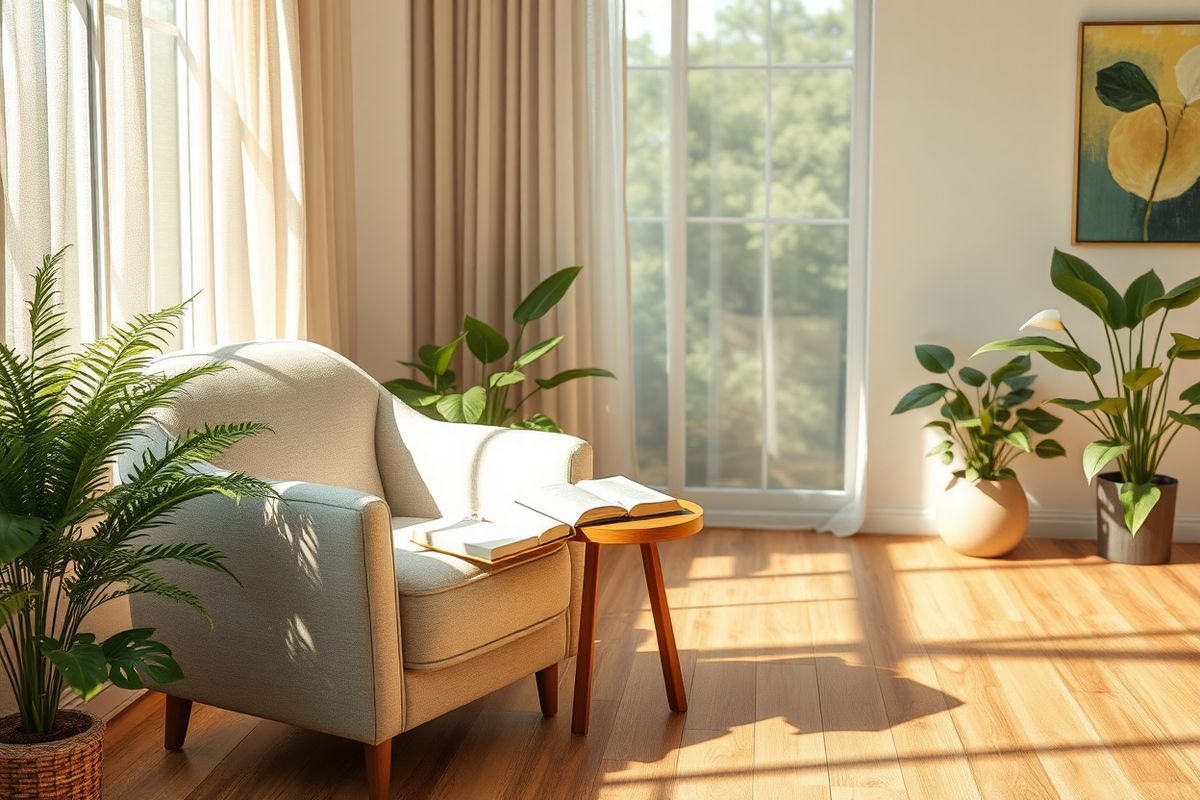 A serene, photorealistic image depicting a tranquil scene in a sunlit room designed for relaxation and reflection. In the foreground, a comfortable armchair upholstered in soft, muted tones sits beside a small wooden side table adorned with a steaming cup of herbal tea and a well-loved book with dog-eared pages. The background features a large window with sheer, flowing curtains that gently billow in the breeze, allowing warm sunlight to filter through and cast soft shadows on the wooden floor. Lush green plants, such as ferns and peace lilies, are strategically placed around the room, adding a touch of nature and vitality. On the walls, abstract art in calming colors evokes a sense of peace. The atmosphere is inviting and calming, creating an environment conducive to introspection and tranquility, symbolizing the importance of a supportive space for mental health and well-being. The overall composition conveys a sense of hope and healing, aligning perfectly with the themes of managing schizophrenia and the significance of a nurturing environment.