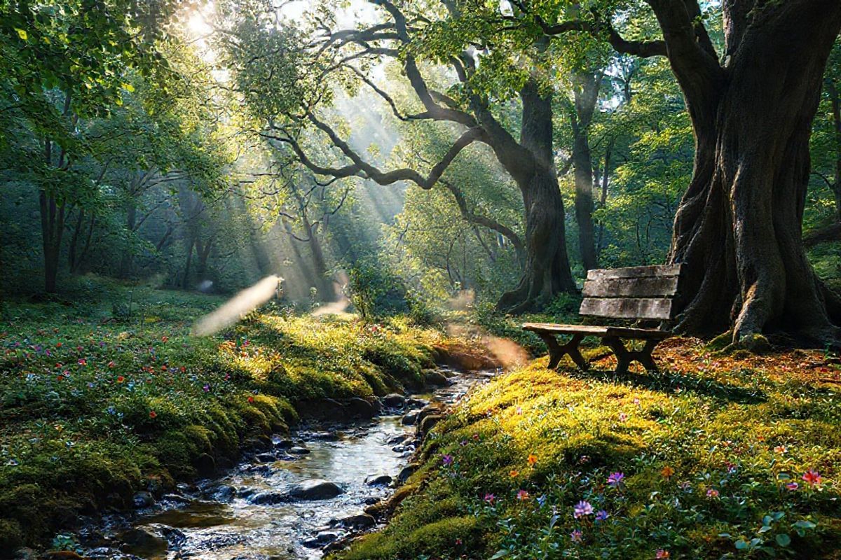 A serene, photorealistic scene captures a tranquil forest setting at dawn, where soft rays of sunlight filter through the dense canopy of lush green leaves. The ground is carpeted with a mixture of vibrant wildflowers and moss, creating a rich tapestry of colors. In the foreground, a gentle stream meanders through the landscape, its crystal-clear waters reflecting the surrounding flora and the delicate light of the morning sun. The background features majestic trees with twisted trunks and sprawling branches, symbolizing resilience and growth. Wisps of mist cling to the ground, adding an ethereal quality to the atmosphere. Nearby, a small, weathered bench invites contemplation, hinting at moments of reflection amidst nature’s beauty. This peaceful scene embodies the interplay between environment and mental well-being, evoking a sense of calm and connection to nature, which aligns perfectly with the themes of environmental influences on mental health discussed in the context of schizophrenia.