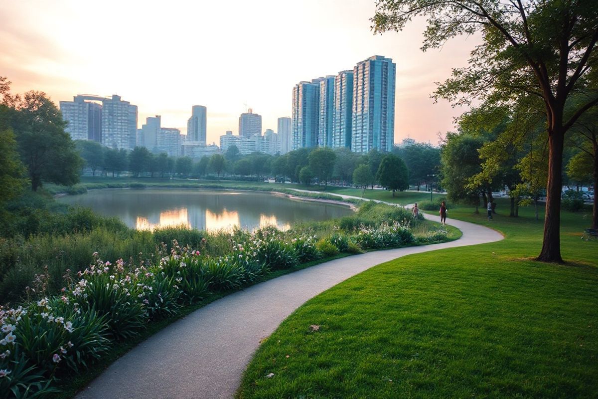 A photorealistic image of a serene urban landscape at dawn, showcasing a quiet park enveloped in soft morning light. In the foreground, a winding path lined with lush greenery leads to a tranquil pond reflecting the pastel hues of the sky, blending shades of pink, orange, and blue. Delicate flowers bloom along the path, adding vibrant splashes of color amidst the greenery. In the background, modern buildings rise gently against the horizon, their glass facades glistening in the early sunlight. A few people can be seen in the distance, engaged in peaceful activities like walking or jogging, symbolizing community and connection. The overall atmosphere of the image conveys a sense of calm and introspection, inviting the viewer to explore the balance between nature and urban life, an echo of the complexities and interactions that influence mental health and well-being.