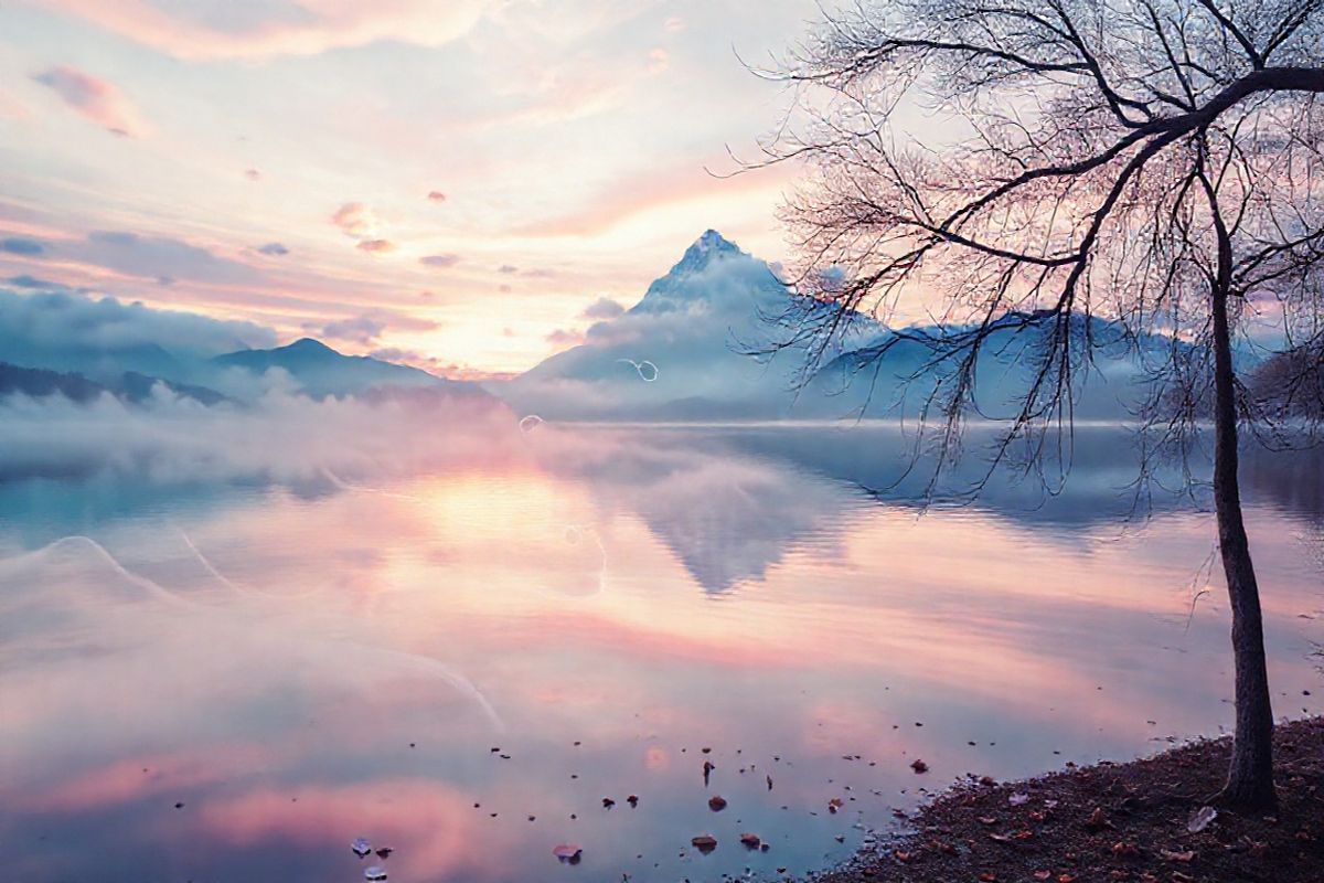 A striking photorealistic image depicts a serene, abstract landscape that symbolizes the complexity of schizophrenia. The scene features a tranquil lake at sunrise, its surface reflecting a kaleidoscope of soft pastel colors—pinks, blues, and purples—merging seamlessly to represent the spectrum of symptoms associated with the disorder. In the foreground, delicate, ethereal trees with wispy branches reach towards the sky, embodying the fragility of mental health. Wisps of fog curl gently over the water, creating a dreamlike atmosphere that signifies the blurred lines between reality and perception.   In the background, majestic mountains rise, their peaks shrouded in clouds, symbolizing the obstacles individuals face when navigating the disorder. The image also includes subtle hints of disarray, such as scattered leaves and uneven pathways, to illustrate the chaotic nature of schizophrenia. Overall, this captivating landscape captures the essence of both beauty and struggle, inviting viewers to reflect on the intricate interplay of mental health, nature, and the journey towards understanding and healing.