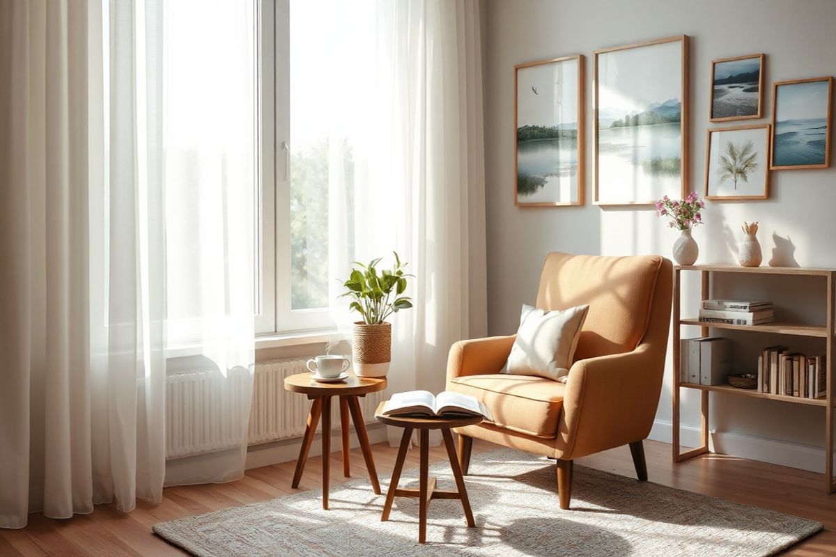 The image depicts a serene and contemplative indoor scene, showcasing a softly lit room with large windows allowing gentle sunlight to filter through sheer curtains. A cozy armchair, upholstered in warm, muted tones, is positioned near the window, inviting relaxation. On a small wooden side table beside the chair, a steaming cup of herbal tea rests next to an open book, suggesting a moment of introspection.   In the background, a potted plant with lush, green leaves adds a touch of nature, symbolizing growth and healing. The walls are adorned with subtle, abstract artwork that evokes calmness, featuring soft blues and greens that blend harmoniously. A plush area rug with textured patterns lays underfoot, enhancing the warmth of the space.   Scattered around the room are personal touches, such as framed photographs of serene landscapes and a delicate vase of fresh flowers on a nearby shelf, representing connections and the importance of emotional well-being. This image captures a peaceful atmosphere, embodying a sense of comfort and stability, making it an ideal visual companion to the theme of mental health and the impact of schizophrenia on well-being.