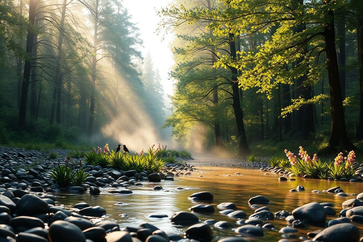 A serene, photorealistic image of a tranquil forest scene at dawn, where soft golden sunlight filters through the tall, lush green trees, casting gentle shadows on the forest floor. In the foreground, a clear, calm stream winds its way through smooth pebbles, reflecting the vibrant colors of the foliage above. Delicate wildflowers in hues of purple, yellow, and white bloom along the banks, adding splashes of color to the scene. A few birds can be seen perched on branches, their silhouettes outlined against the lightening sky. In the background, a mist rises from the forest, creating an ethereal atmosphere that evokes a sense of calm and peace. This tranquil setting symbolizes hope and healing, representing the journey of individuals living with schizophrenia towards stability and well-being. The overall composition is harmonious and inviting, encouraging viewers to pause and reflect on the beauty of nature and the importance of mental health.