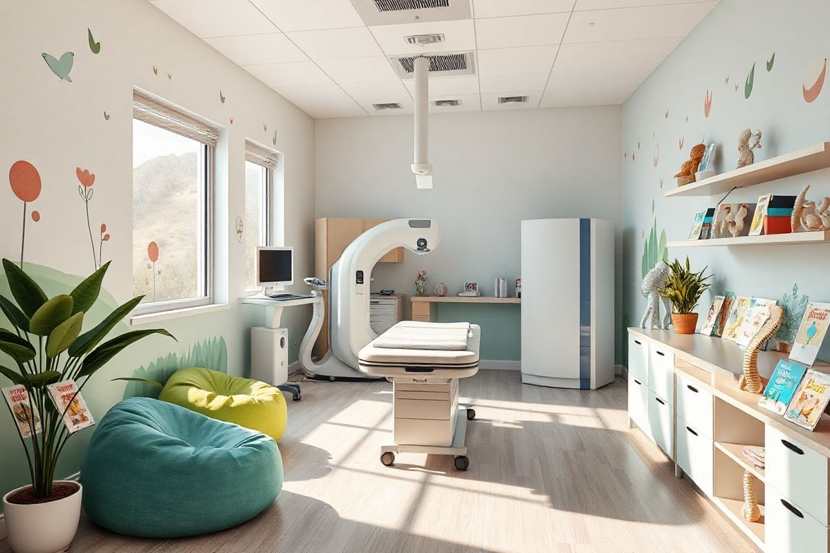 A photorealistic image of a serene pediatric clinic room designed for scoliosis treatment. The room features soft, pastel-colored walls adorned with whimsical nature-themed murals, creating a calming atmosphere for young patients. In the center, a modern examination table with plush cushions is surrounded by high-tech imaging equipment, including an EOS imaging system. A large window lets in ample natural light, illuminating a cozy seating area with colorful bean bags and children’s books about health and wellness. On a nearby shelf, anatomical models of the spine and scoliosis braces are displayed alongside educational materials. Potted plants add a touch of greenery, enhancing the inviting ambiance. The overall composition conveys a sense of hope and support, ideal for a space dedicated to the treatment and management of scoliosis in children.