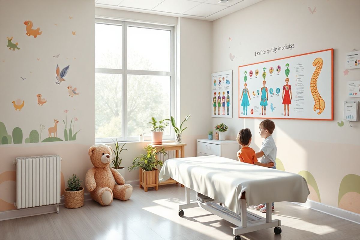 A photorealistic image showcasing a serene pediatric examination room, designed to evoke a sense of comfort and safety for children undergoing scoliosis screening. The room features soft, pastel-colored walls adorned with whimsical, child-friendly artwork depicting animals and nature scenes. In one corner, a pediatric examination table is draped with a clean, white sheet, and beside it, a friendly teddy bear sits, inviting children to engage. A large window allows natural light to flood the space, illuminating cheerful decorations and a few plants that bring a touch of nature indoors. On the wall, a colorful chart illustrating the human spine and various body postures is displayed, providing a visual reference for young patients. In the background, a medical professional, depicted as a kind and approachable figure, interacts with a child, demonstrating a supportive environment. The overall atmosphere is warm and welcoming, emphasizing the importance of early detection and treatment of scoliosis in a setting designed specifically for children.