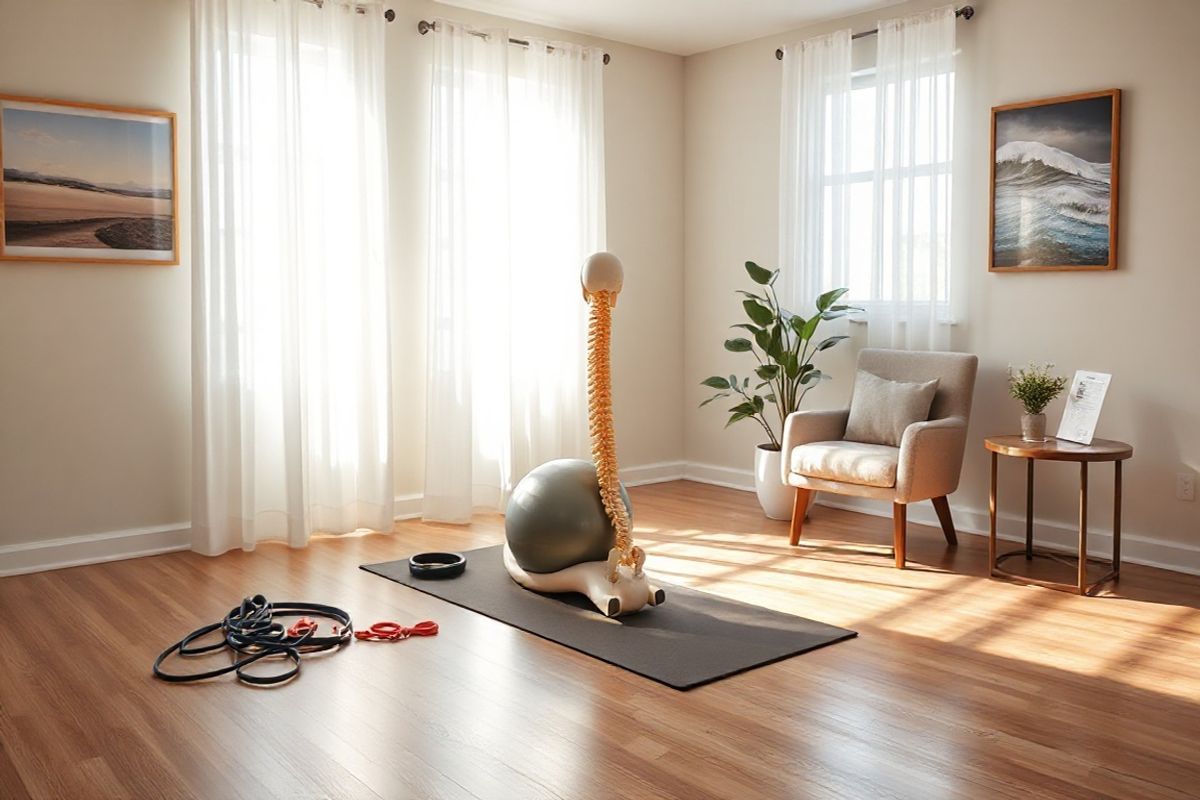 A photorealistic image of a serene and inviting therapy room designed for scoliosis treatment. The room features soft, natural lighting streaming through large windows adorned with sheer white curtains, creating a warm and calming atmosphere. In the center, a comfortable exercise mat lies on a polished wooden floor, surrounded by various therapy tools like resistance bands, a stability ball, and an anatomical model of the human spine showcasing a gentle scoliosis curve.   Adjacent to the mat, a plush chair offers a cozy spot for relaxation. The walls are painted in soothing pastel colors, adorned with framed images of nature, such as tranquil landscapes and gentle waves, promoting a sense of peace. A potted plant adds a touch of greenery in one corner, enhancing the room’s freshness.   On a small side table, a set of exercise pamphlets and a water bottle are neatly arranged, emphasizing the focus on health and wellness. This carefully curated space not only serves as a functional therapy area but also exudes a sense of comfort and support, ideal for individuals seeking treatment for scoliosis and rib hump relief.