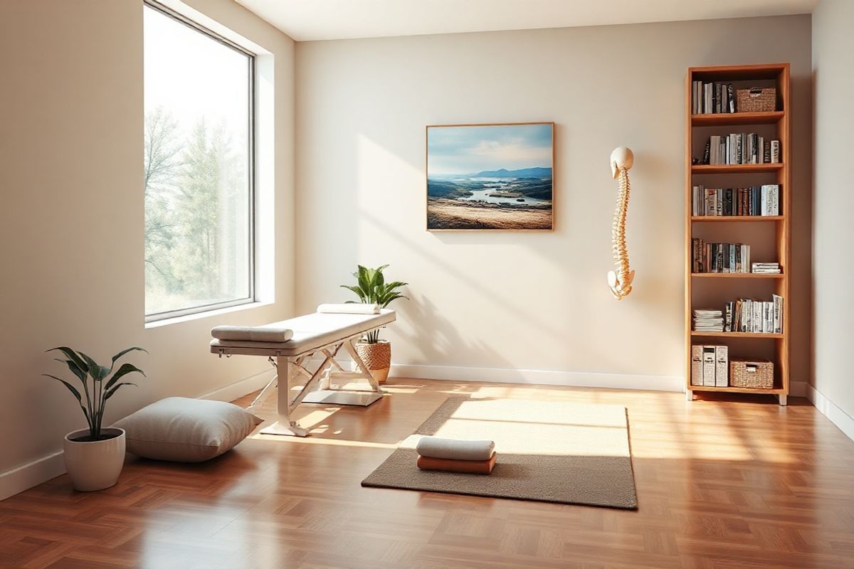 A photorealistic image depicting a serene and inviting therapy room designed for scoliosis patients. The room features a large window allowing natural light to flood in, illuminating the space with a warm glow. Soft, neutral-toned walls create a calming atmosphere, while a plush exercise mat is laid out on polished wooden floors. In one corner, a modern physiotherapy table is equipped with various supportive cushions and props, emphasizing comfort and accessibility. A wall-mounted anatomical model of the spine, showcasing both healthy and scoliotic curves, serves as an educational focal point. Nearby, a small potted plant adds a touch of greenery and life to the room. Shelves lined with books on spinal health and exercise techniques reflect a commitment to holistic care. A serene painting of a tranquil landscape hangs above the table, enhancing the peaceful ambiance and promoting a sense of well-being. The overall composition evokes a sense of hope and healing, inviting individuals to engage in their treatment and embrace a journey towards improved spinal health.