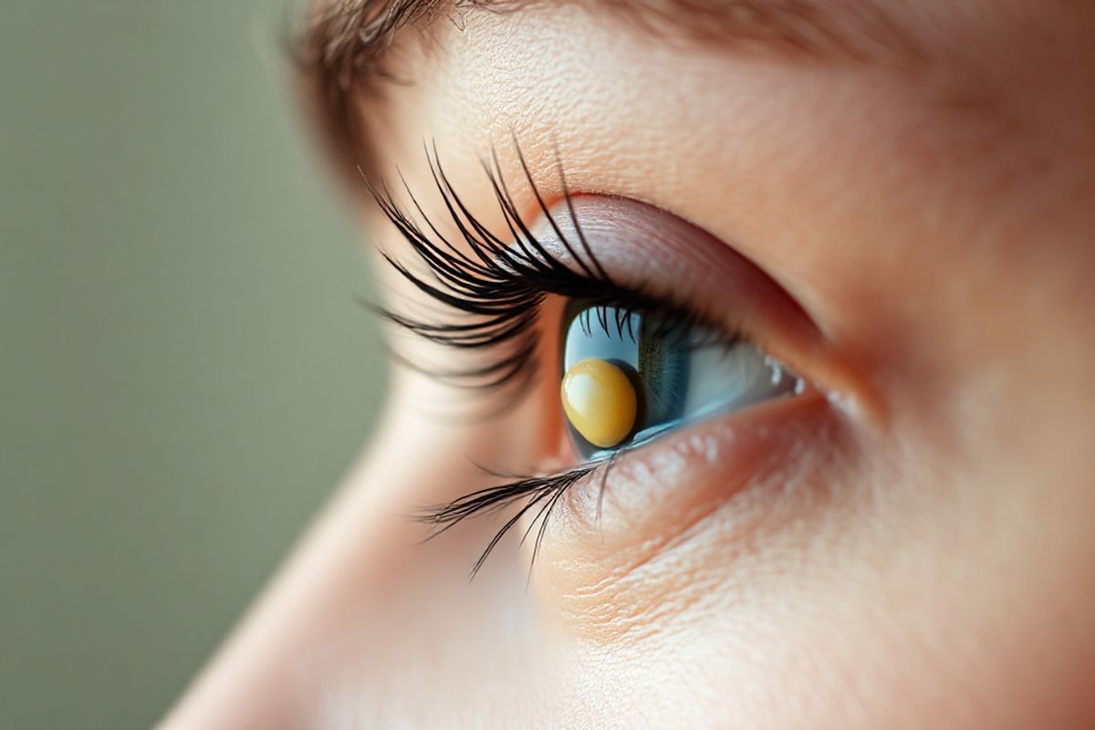 A close-up, photorealistic image of a human eyelid showcasing a subtle yet distinct sebaceous carcinoma, depicted as a small, firm, yellowish nodule. The eyelid is gently pulled back to reveal the tumor, emphasizing its round shape and smooth texture against the surrounding skin. The background is softly blurred to keep the focus on the eyelid and the growth, while natural lighting highlights the nuances of the skin tone and the tumor’s characteristics. The image captures the intricate details of the eyelashes, with one or two lashes appearing slightly matted due to the presence of the tumor. The overall tone of the image is clinical yet sensitive, aimed at educating viewers about this condition without being overly graphic. Delicate shadows add depth, creating a lifelike representation that conveys both the seriousness of sebaceous carcinoma and the importance of early detection.