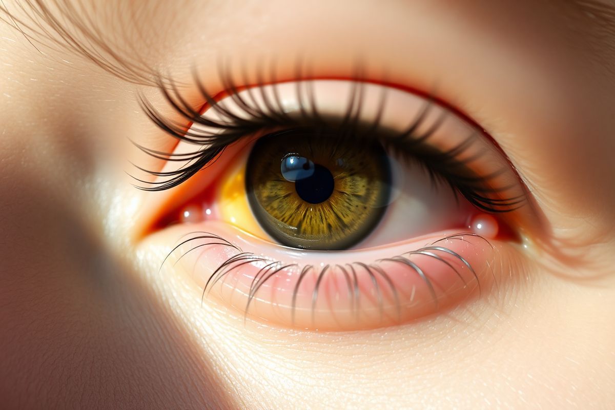 A close-up, photorealistic image of an eyelid with a sebaceous carcinoma. The eyelid is shown in soft, natural lighting, emphasizing the delicate skin texture and the subtle variations in color. A firm, round, yellowish lump is prominently featured on the upper eyelid, surrounded by smooth, healthy skin. The background is slightly blurred to focus attention on the tumor, while the eyelashes are long and dark, framing the eye. The skin around the tumor has a slight sheen, indicative of healthy sebum production, contrasting with the abnormal growth. There are no visible signs of irritation or inflammation, highlighting the tumor’s painless nature. The image captures the nuances of human anatomy, showcasing the intricate details of the eyelid, including fine lines and pores, while maintaining a clinical yet respectful approach to the subject matter. Soft shadows enhance the three-dimensional quality of the eyelid, creating a lifelike appearance that invites viewers to engage with the content thoughtfully. Overall, the image serves as a stark yet educational representation of sebaceous carcinoma, suitable for medical or educational purposes.