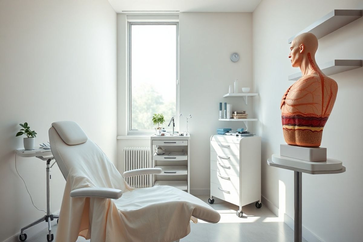 A photorealistic image depicting a serene dermatology clinic setting. The focus is on a well-lit examination room featuring a comfortable, modern examination chair draped in soft, light-colored fabric. On the walls, there are subtle pastel tones that create a calming atmosphere. A large window allows natural light to filter in, illuminating the space and casting gentle shadows. In the background, a sleek medical cart is stocked with various dermatological tools and equipment, neatly arranged for easy access. To one side, there is a small plant on a windowsill, adding a touch of greenery and life to the environment. An anatomical model of human skin is displayed prominently on a shelf, showcasing the layers of the skin, including sebaceous glands, indicating the focus on skin health. Soft, ambient lighting enhances the tranquil ambiance, while light, minimalistic decor contributes to a sense of professionalism and care. The overall composition evokes a sense of trust and comfort, ideal for a patient visiting for skin health consultations or treatments, particularly for conditions like sebaceous carcinoma.