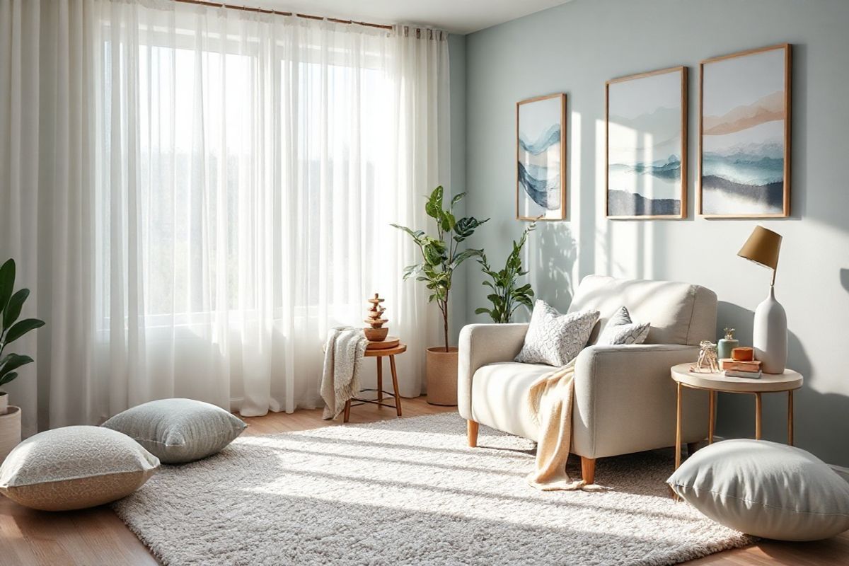 A serene and inviting living room scene that embodies tranquility and comfort, designed to accommodate individuals with Sensory Processing Disorder (SPD). The room features soft, muted colors like pastel blues and greens, creating a calming atmosphere. Natural light filters through sheer curtains, casting gentle shadows on the plush, textured area rug. In one corner, a cozy reading nook is highlighted, with a large, inviting armchair and a soft throw blanket draped over it. Sensory-friendly elements are present, such as a variety of tactile cushions in different textures, a small water fountain for soothing sounds, and a selection of fidget toys neatly arranged on a side table. The walls are adorned with nature-inspired artwork that evokes a sense of peace, including soft landscapes and abstract pieces in harmonious colors. A small indoor plant adds a touch of greenery, enhancing the natural feel of the space. Overall, the image captures a perfect balance of comfort and sensory awareness, making it an ideal sanctuary for individuals seeking relief from sensory overload while promoting relaxation and emotional well-being.