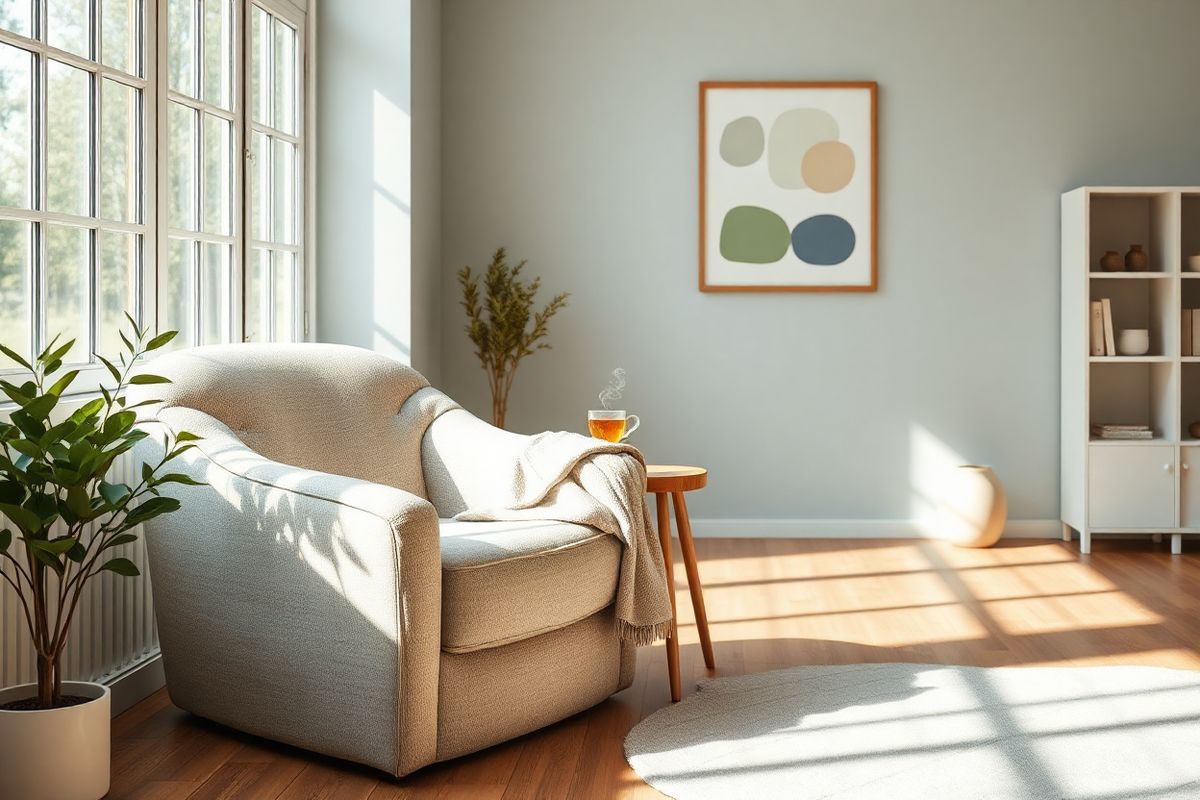 A serene and inviting room bathed in soft, natural light streaming through large windows. The space features calming colors such as soft blues and greens, complemented by neutral tones. In the foreground, a plush, oversized armchair with textured fabric sits beside a small wooden side table adorned with a steaming cup of herbal tea, offering a sense of comfort and relaxation. A cozy throw blanket drapes over the armrest, inviting one to unwind.   To the left, a small indoor plant adds a touch of life and vibrancy, while on the right, a minimalistic bookshelf holds a few carefully arranged books and decorative items. The walls are painted in a soothing shade, and a framed artwork depicting abstract shapes in tranquil colors hangs above the armchair.   In the background, a soft rug with a subtle pattern lays on the hardwood floor, enhancing the warmth of the space. The overall atmosphere is one of tranquility and sensory comfort, designed to evoke a sense of peace and well-being, perfect for individuals seeking a sanctuary from sensory overload.