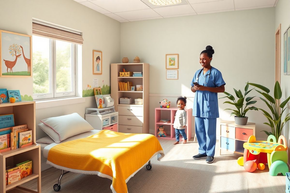 A photorealistic image depicts a serene, softly lit pediatric clinic room, designed to comfort and reassure families dealing with sickle cell anemia. The room features a cozy atmosphere, with pastel-colored walls adorned with cheerful, nature-themed artwork that brings warmth. A plush, child-sized examination table in the center is covered with a bright, friendly blanket, inviting young patients to feel at ease.   To one side, a large window allows natural light to stream in, illuminating a small bookshelf filled with colorful children’s books about health and friendship. Nearby, a colorful play area is visible, with soft toys and educational games scattered about, encouraging play and distraction.   In the background, a nurse stands attentively, smiling as she engages with a young child and their parent, fostering a sense of trust and support. Soft plant life in the corners adds a touch of nature, promoting a calming environment. Overall, the image captures the essence of care, compassion, and hope, making it an ideal visual representation for families navigating the challenges of sickle cell anemia.