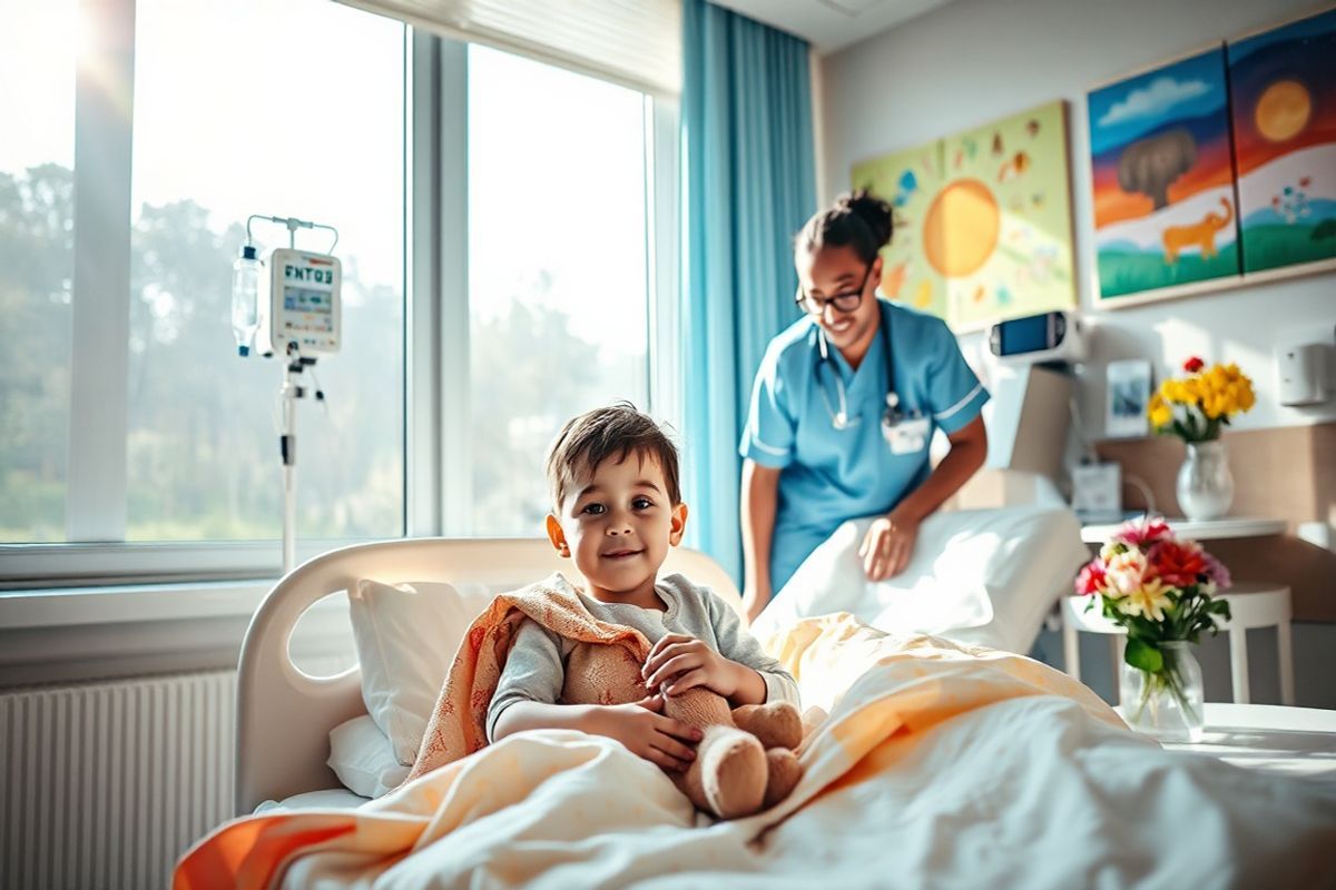 A striking photorealistic image captures a serene hospital room bathed in soft, natural light streaming through large windows. In the foreground, a young child, around five years old, sits comfortably in a cozy bed, with a warm, colorful blanket draped over them. They have a gentle smile, showing a sense of calm amidst their illness. The child’s hands are resting on a plush toy, symbolizing comfort and hope.   In the background, a healthcare professional, dressed in scrubs, leans down to engage with the child, displaying a compassionate demeanor. Various medical equipment can be seen, including an IV stand with clear fluid and a heart monitor, emphasizing the seriousness of sickle cell management.   The walls are adorned with cheerful, colorful artwork depicting vibrant landscapes and playful animals, creating an uplifting atmosphere. In one corner, a small table holds educational materials about sickle cell anemia, alongside a vase of fresh flowers, adding a touch of warmth and positivity to the space. The overall composition conveys a sense of care, support, and resilience, perfectly resonating with the challenges and hope associated with managing sickle cell anemia.