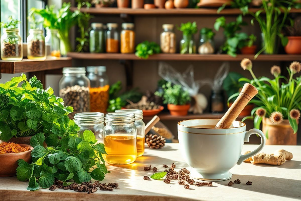 A serene and inviting herbal apothecary scene showcases an array of vibrant, fresh herbs and plants arranged neatly on rustic wooden shelves. The background features soft, natural light filtering through a large window, casting gentle shadows that accentuate the rich textures of the herb leaves. Various glass jars, filled with dried herbs like turmeric, ginger, and garlic, are displayed alongside green Echinacea plants in terracotta pots. A wooden mortar and pestle sit prominently on a polished countertop, with scattered herbs hinting at recent use. In the foreground, a delicate, steaming herbal tea brewed from these plants rests in an elegant ceramic cup, exuding warmth and health. The overall color palette is a harmonious blend of earthy greens, warm browns, and soft yellows, evoking a sense of tranquility and natural healing. The composition captures the essence of herbal medicine, inviting the viewer to imagine the therapeutic benefits of these natural remedies, while emphasizing the beauty and richness of plant life.