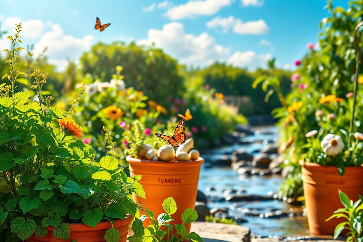 A photorealistic decorative image showcasing a serene, sunlit botanical garden filled with vibrant, lush green plants and colorful flowers. In the foreground, a variety of herbs such as turmeric, ginger, and garlic are prominently displayed in terracotta pots, each labeled with their respective names by subtle engravings on the pots. The background features a gentle stream flowing through the garden, reflecting the sunlight and surrounded by rich foliage. A few butterflies flit about, landing on the flowers, adding a touch of liveliness to the scene. The sky above is a clear blue, with soft, fluffy clouds drifting lazily, creating a peaceful ambiance. The overall composition conveys a sense of tranquility and harmony with nature, symbolizing the healing potential of herbal medicine in managing health conditions like Sickle Cell Disease. The lighting is warm and inviting, enhancing the colors of the plants and flowers, making them appear even more vibrant and healthy. The image captures the essence of natural remedies and the beauty of herbal gardens, inviting viewers to reflect on the benefits of nature in health and wellness.