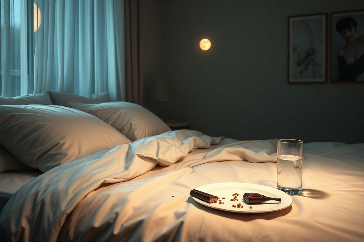 A serene bedroom scene bathed in soft, warm moonlight filtering through sheer curtains. The focus is on a neatly made bed with plush pillows and a cozy, inviting duvet, slightly rumpled to suggest recent use. On the bedside table, a small, elegant clock shows the time just past midnight, hinting at the nighttime theme. A plate with a few scattered crumbs and a half-eaten chocolate bar sits inconspicuously next to a glass of water, representing the aftermath of sleep-related eating. In the background, a faint silhouette of a person can be seen in the shadows, suggesting a peaceful, dreamlike state. The walls are adorned with calming artwork, featuring abstract designs in muted colors that promote relaxation. The overall atmosphere exudes tranquility, yet hints at the subtle chaos of sleep-related eating disorder, capturing both the beauty of a restful night and the struggle of unconscious eating behaviors. The image conveys a balance of peacefulness and the complexities of nighttime habits, making it an ideal visual representation of the themes discussed in the text.