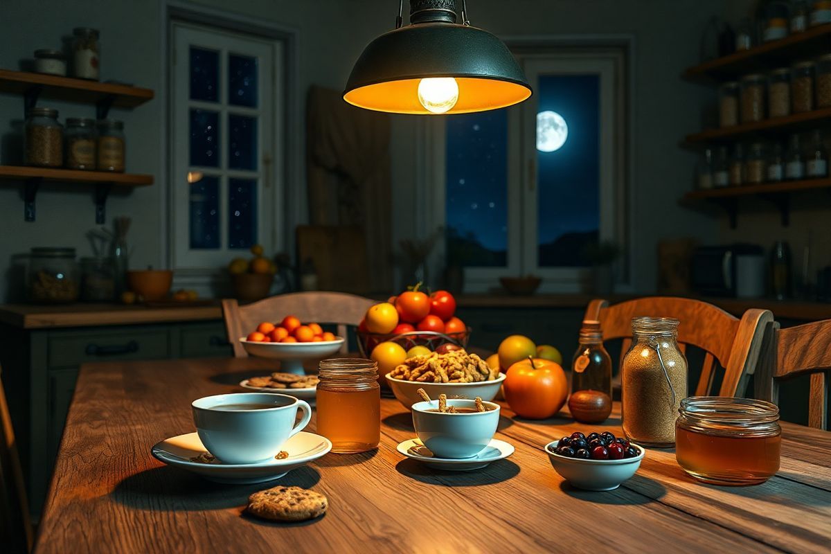 A cozy, softly lit kitchen scene at night, featuring a rustic wooden dining table set with an array of delectable snacks and comfort foods. The table is adorned with a variety of colorful fruits, snacks in elegant bowls, and a steaming cup of herbal tea. Dim, warm light emanates from a vintage pendant lamp hanging above, casting gentle shadows and creating an inviting atmosphere. In the background, a window reveals a starry night sky, with the moon casting a silvery glow inside the kitchen. A plate of half-eaten cookies sits next to an open jar of honey, while a small bowl of fresh berries adds a touch of color. The kitchen’s shelves are lined with jars of cereals and spices, and the overall ambiance conveys a sense of warmth and indulgence, evoking the idea of late-night cravings and comfort eating. The scene captures a moment of quiet solitude, inviting viewers to imagine themselves enjoying a late-night snack in this serene and homely setting.