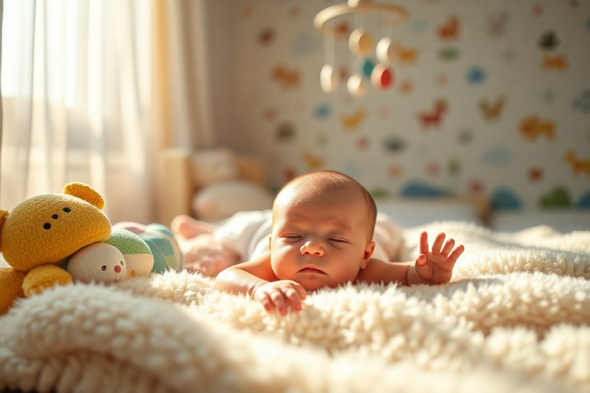 A serene and heartwarming scene captures an infant lying on a soft, plush blanket in a warmly lit room. The baby, with delicate features and a gentle expression, is surrounded by colorful, plush toys that evoke a sense of comfort and innocence. Soft sunlight filters through sheer curtains, casting a warm glow that enhances the peaceful ambiance. The infant’s limbs are slightly spread, showcasing a sense of vulnerability, yet tranquility. In the background, a cozy nursery setting is visible, with pastel-colored walls adorned with whimsical illustrations of animals and nature, symbolizing the nurturing environment. A gentle mobile hangs overhead, with soft shapes swaying subtly, contributing to the serene atmosphere. The image evokes emotions of tenderness and hope, reflecting the challenges faced by infants with SMA Type 0 while also emphasizing the love and support surrounding them. The focus on the baby’s serene face and the warm, inviting colors of the surroundings creates a photorealistic depiction that conveys both vulnerability and the potential for care and healing.