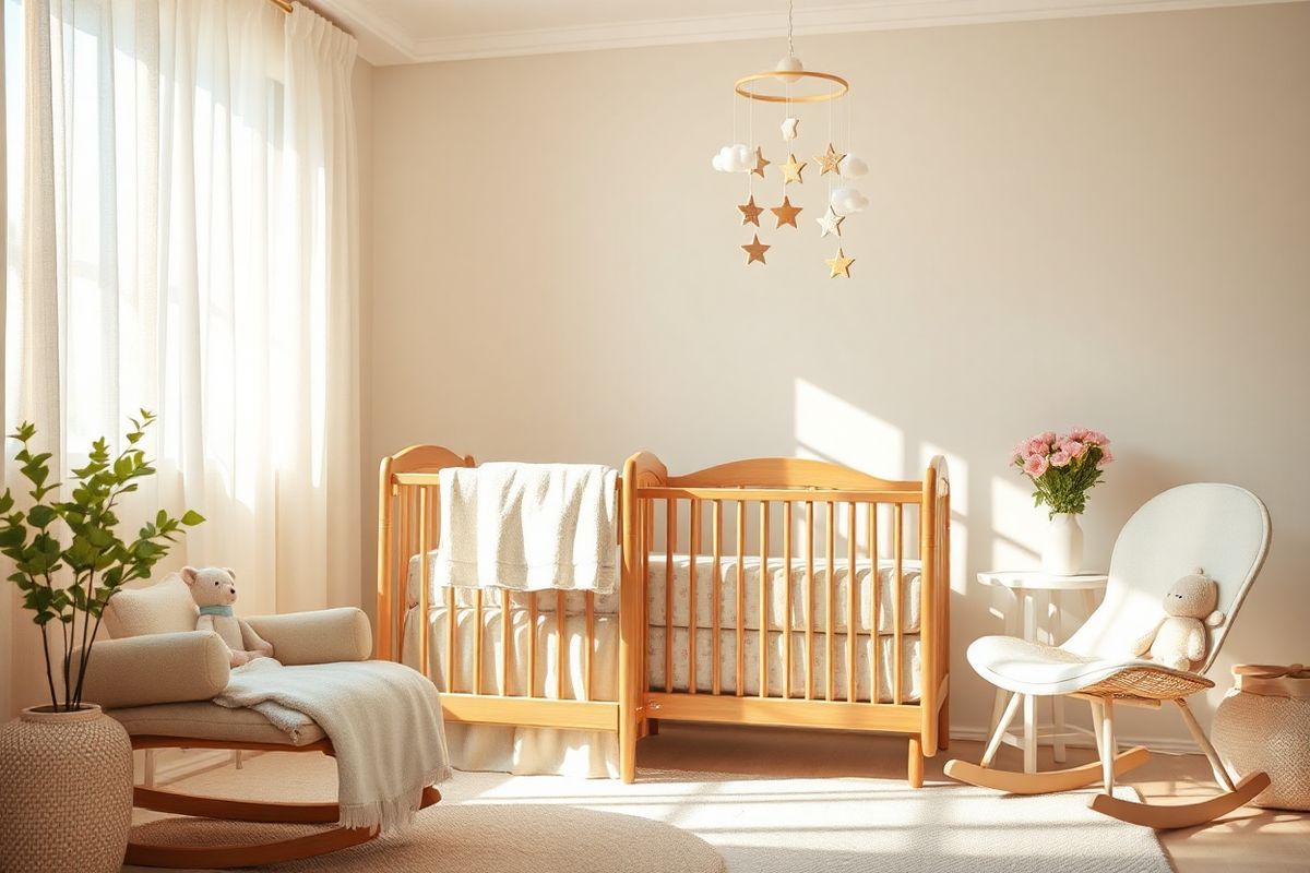 A serene and heartwarming scene depicting a cozy nursery filled with soft, natural light. In the foreground, a beautifully crafted wooden crib adorned with delicate, pastel-colored blankets and plush toys creates a sense of comfort and safety. A gentle, warm glow filters through sheer curtains, casting soft shadows on the light-colored walls, which are decorated with whimsical animal motifs. Nearby, a comfortable rocking chair invites parents to sit and bond with their infant. On a small side table, a vase of fresh flowers adds a touch of life and color. In the background, a charming mobile of softly colored stars and clouds hangs above the crib, gently swaying, symbolizing hope and dreams. The overall atmosphere is tranquil and nurturing, embodying the essence of love and care, making it an ideal visual representation for the theme of spinal muscular atrophy and the importance of support and comfort in early childhood.