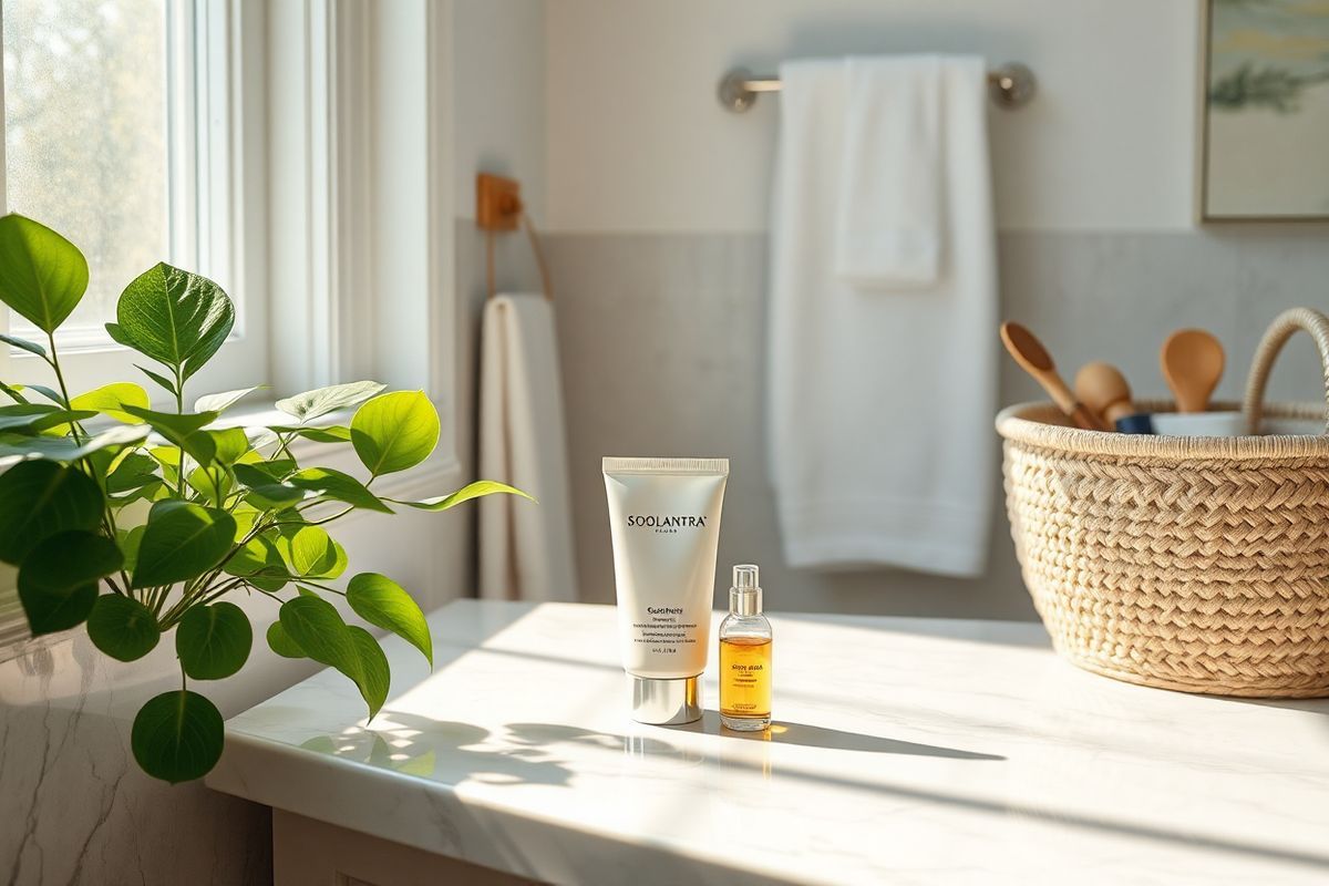 A serene and inviting bathroom scene is captured in photorealistic detail, featuring a sunlit window that casts gentle rays of light onto a marble countertop. On the countertop, a sleek, elegant tube of Soolantra is positioned next to an array of delicate, natural skincare products, including a small jar of soothing cream and a bottle of facial oil. A lush, green plant with broad leaves sits in the corner, adding a touch of nature and freshness to the space.   The backdrop is adorned with soft, muted colors, harmonizing with the white and gray tones of the marble. A plush white towel hangs neatly on a rack, while a textured, woven basket holds various skincare tools, suggesting a tranquil self-care routine. The overall atmosphere is calm and rejuvenating, evoking a sense of wellness and beauty. Reflections in the polished surfaces enhance the realism, making the scene feel lived-in yet pristine, perfectly embodying the essence of effective skincare and the comfort of a personal sanctuary.